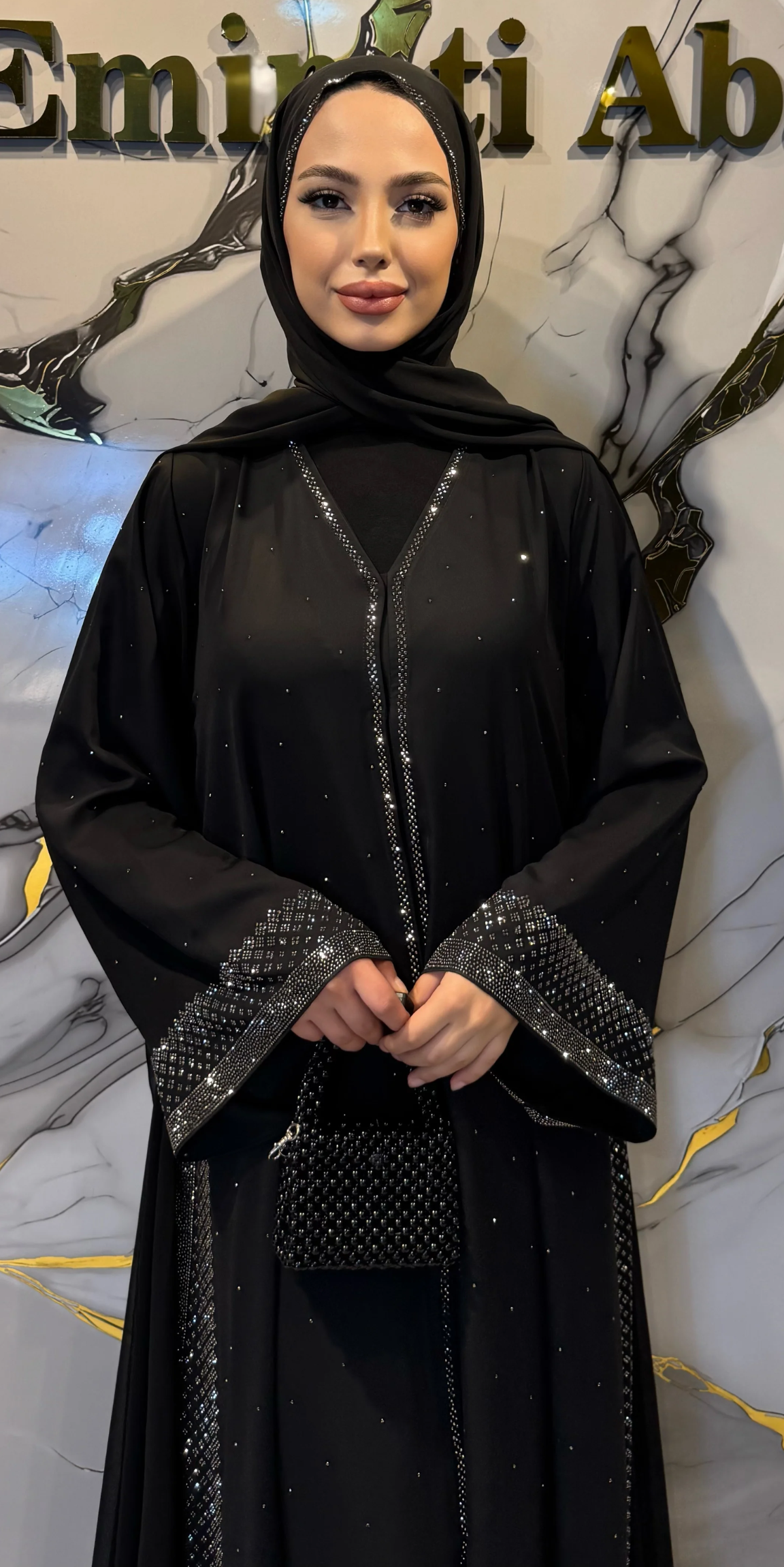 Luxury Dubai Abaya with Hematite Stone Details | LY26 HSB