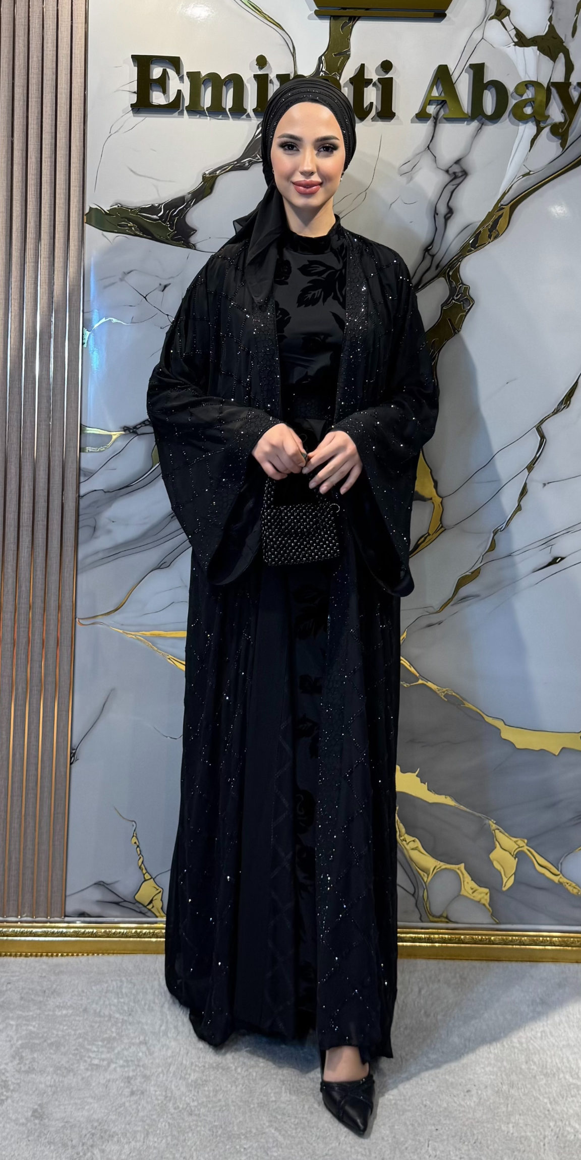 Emirati Swarovski Taşlı Siyah Kore Şifon Abaya LY33 BSB - 4 Parça Lüks Set (Şal, Kemer ve Flok İçlik Dahil)
