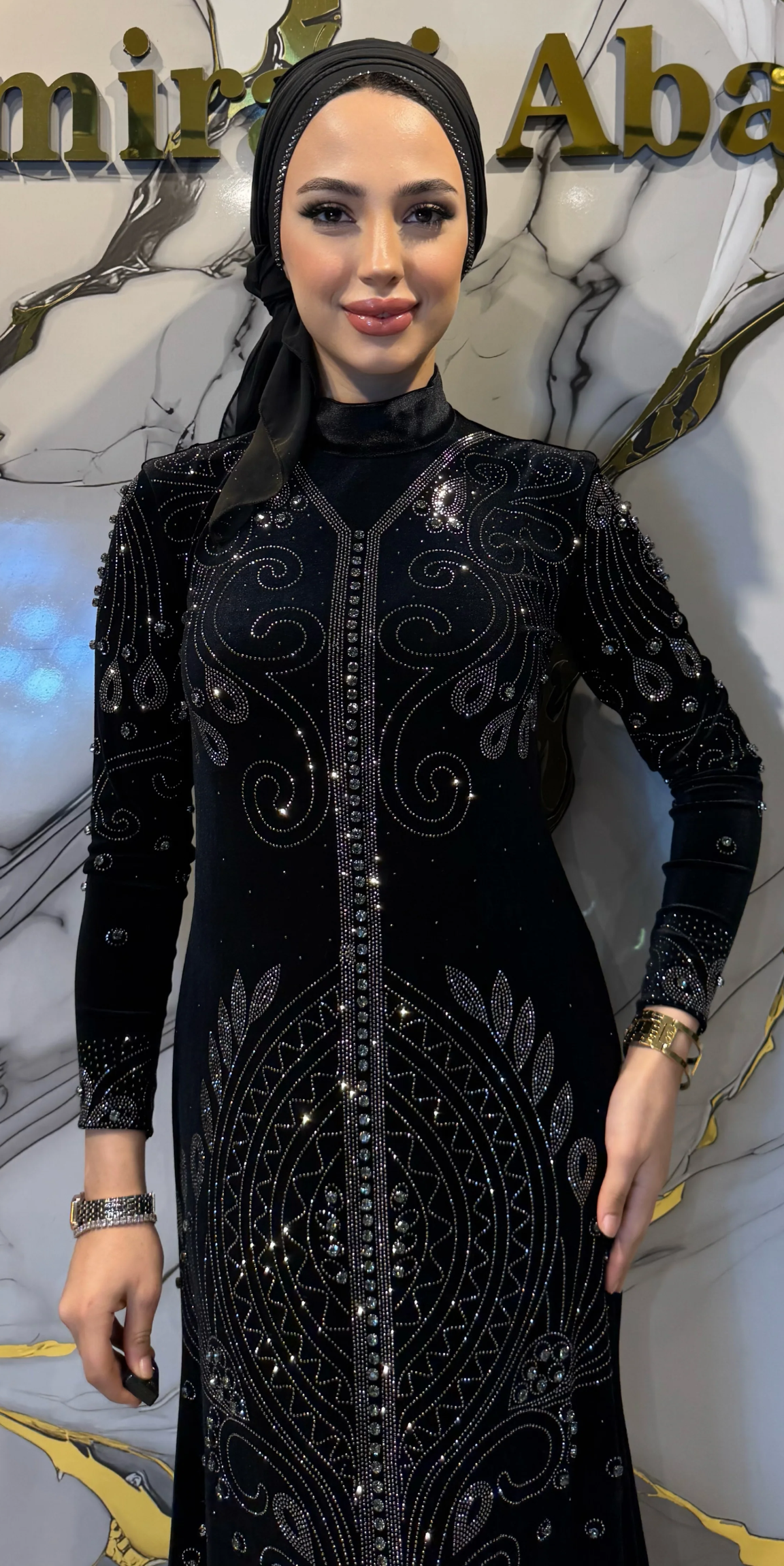 Hematite Stone Patterned Black Velvet Abaya | LY11 HSVB