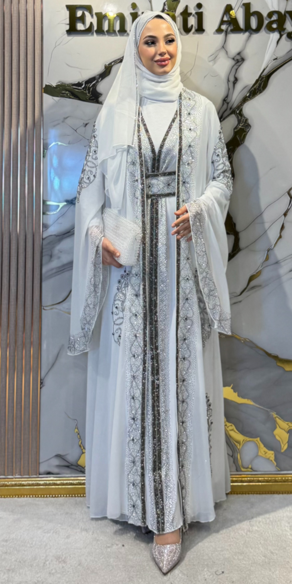 Traditional White Abaya Set with Hematite Stones WS57 HSW - Premium Set Including Shawl