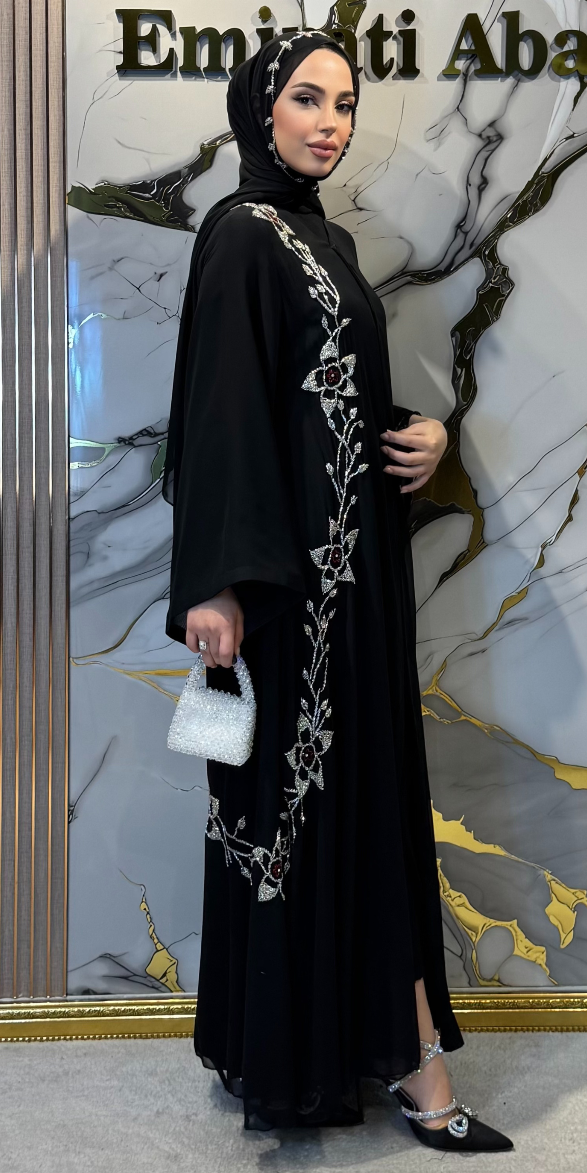 Premium Kore Şifon Swarovski Kristalli Abaya - El İşi Zarafet | EF0015 WSB