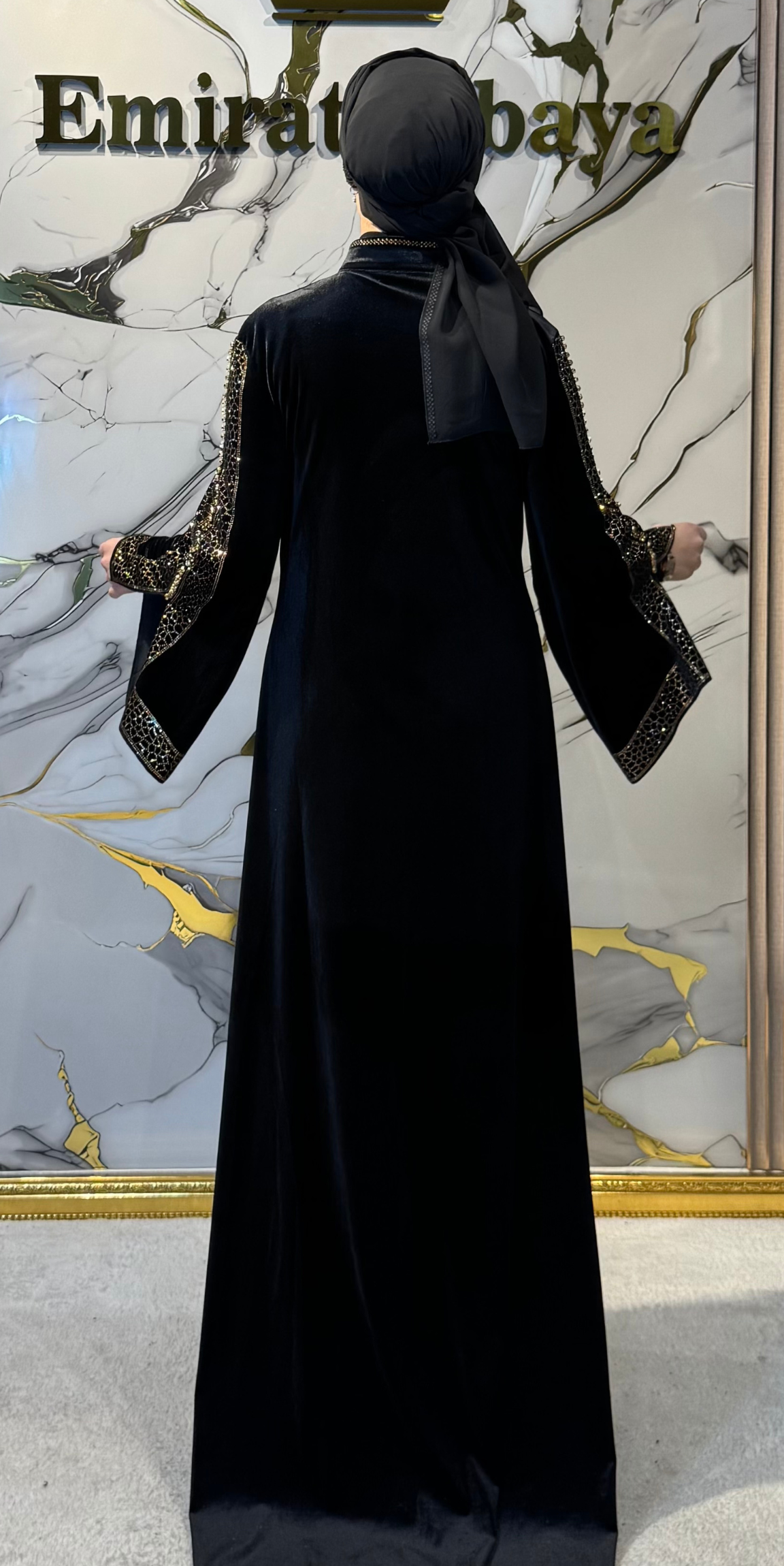 Black Velvet Dubai Style Evening Gown with Gold Swarovski and Faux Stones | WS15 GSVB