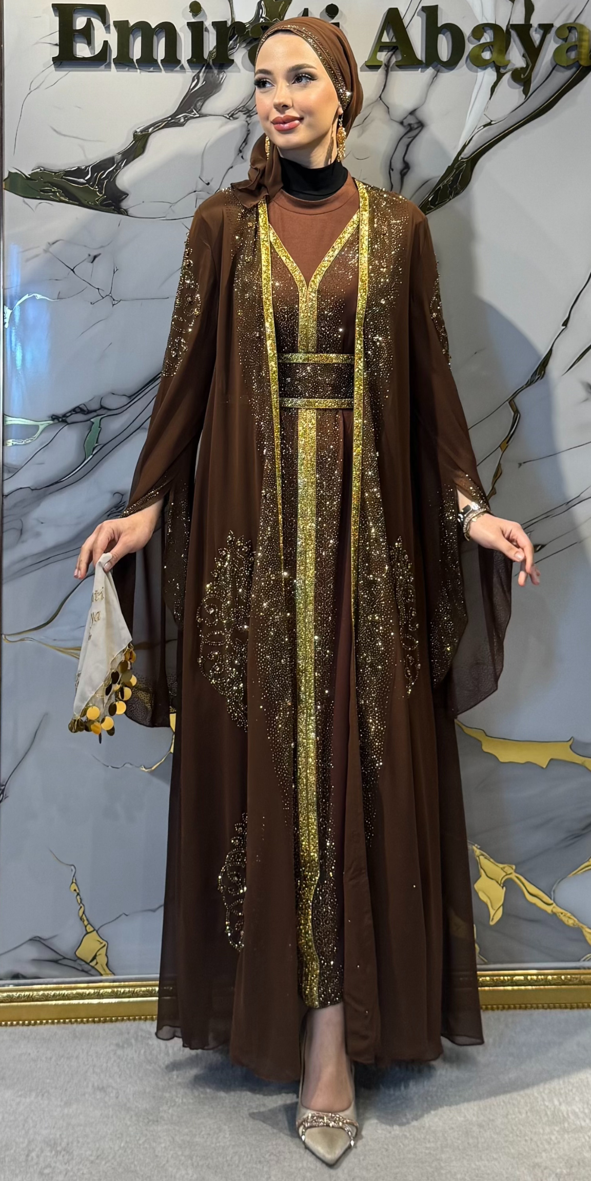 Starlit Noir Altın Taşlı Kahverengi Yöresel Takımı | WS57 GSKAHVE