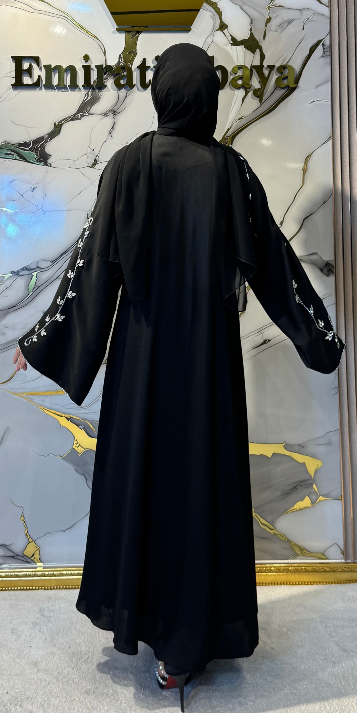 Handmade Dubai Style Black Abaya with Swarovski Crystals