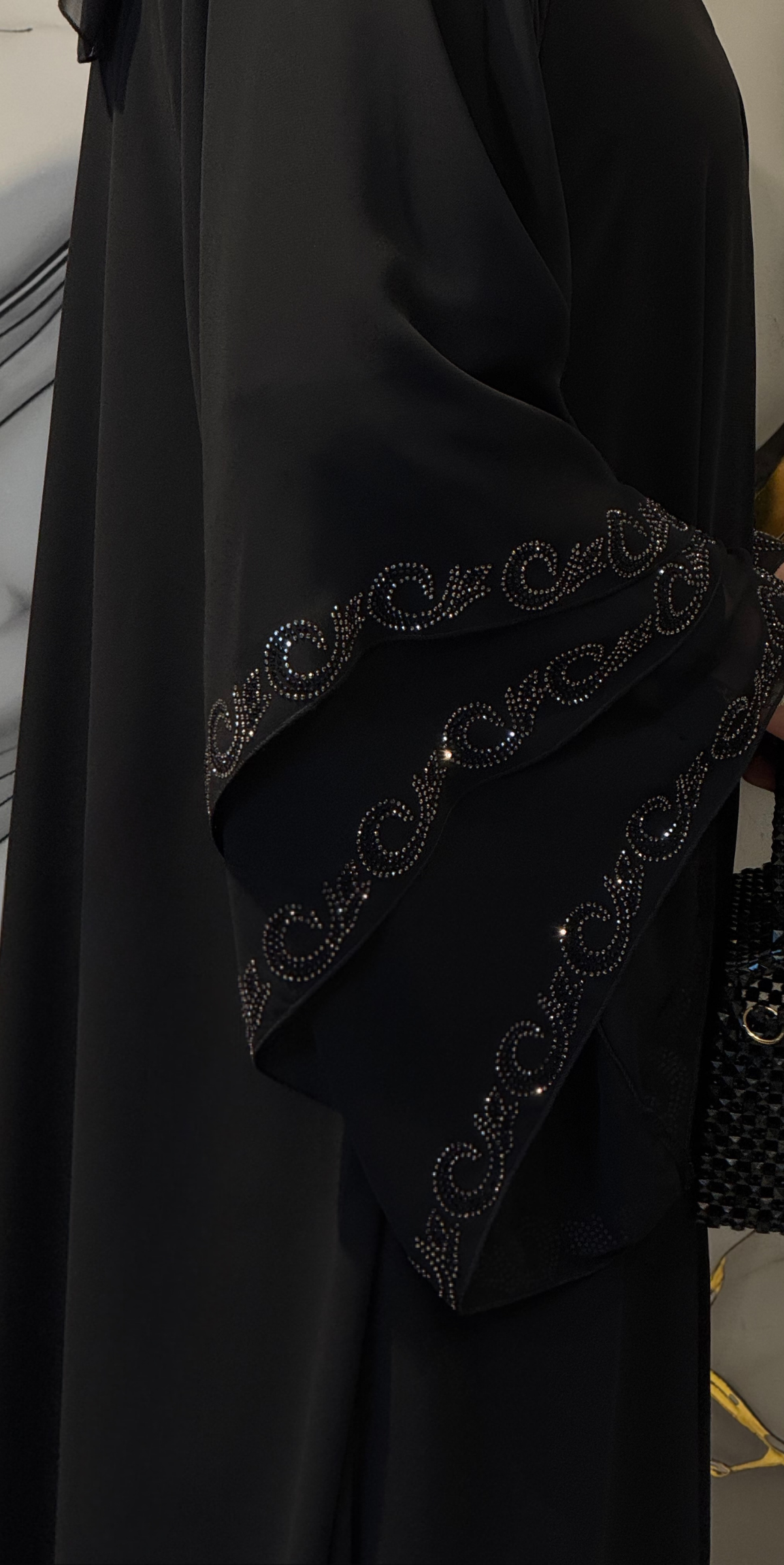 Three-Layer Hematite Stone Embellished Black Chiffon Abaya | LY02 HSB