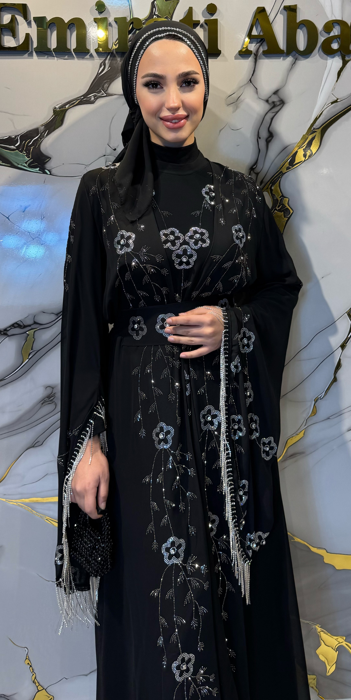 Beyaz Swarovski Taşlı Kore Şifon Dubai Stil Yöresel Abaya