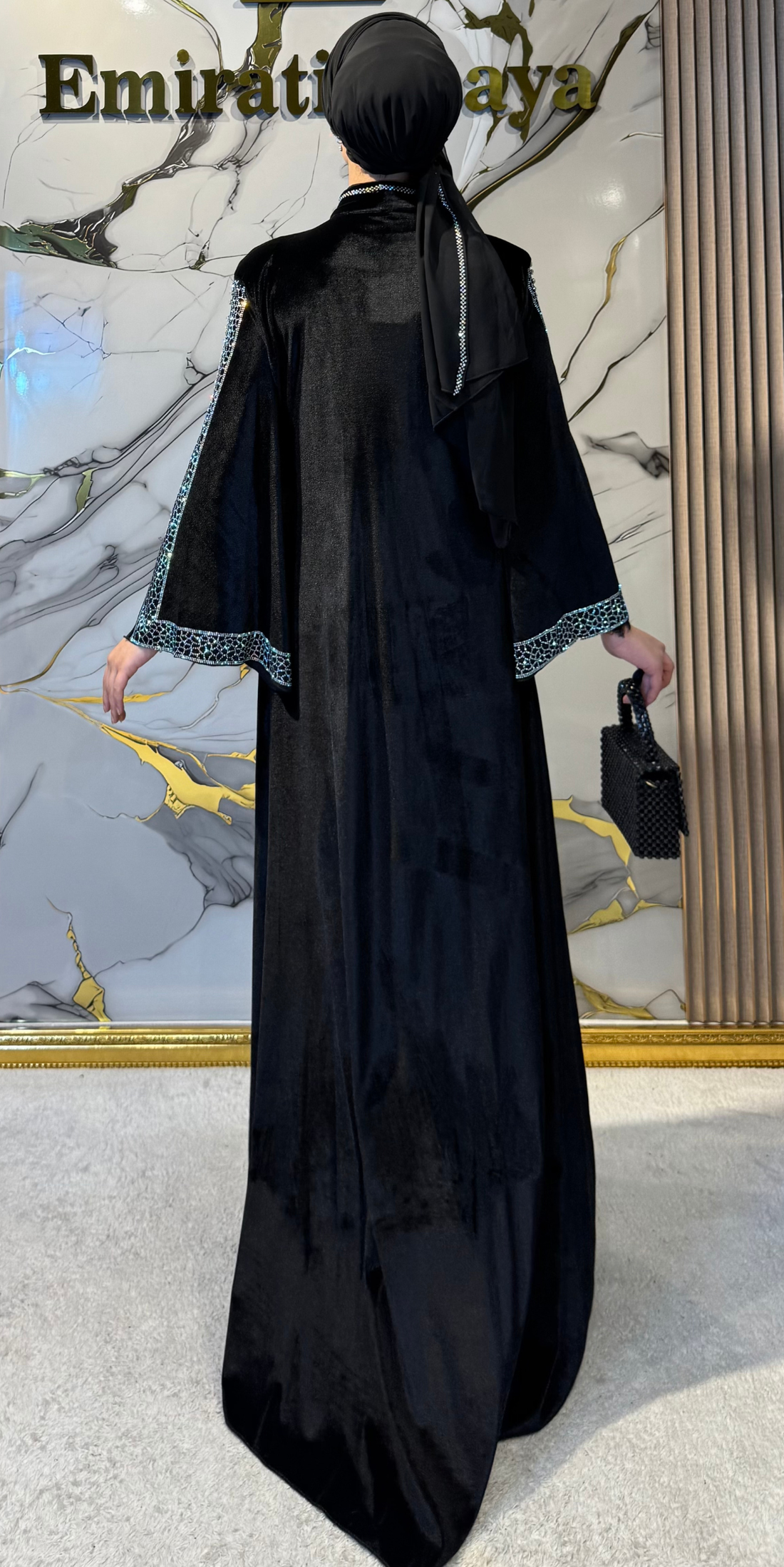 Jan Jan Embellished Black Velvet Dubai Style Evening Dress