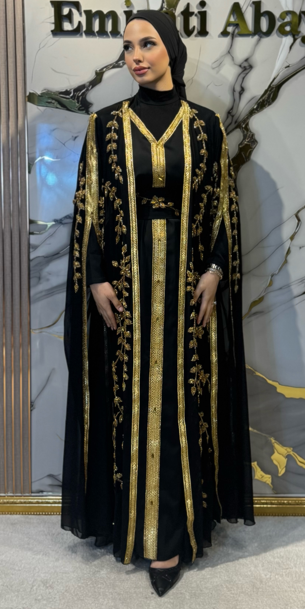 El İşlemeli Gold Yaprak Detaylı Uzun Kollu Abaya Takımı 4 Parça Set EF001 GSB