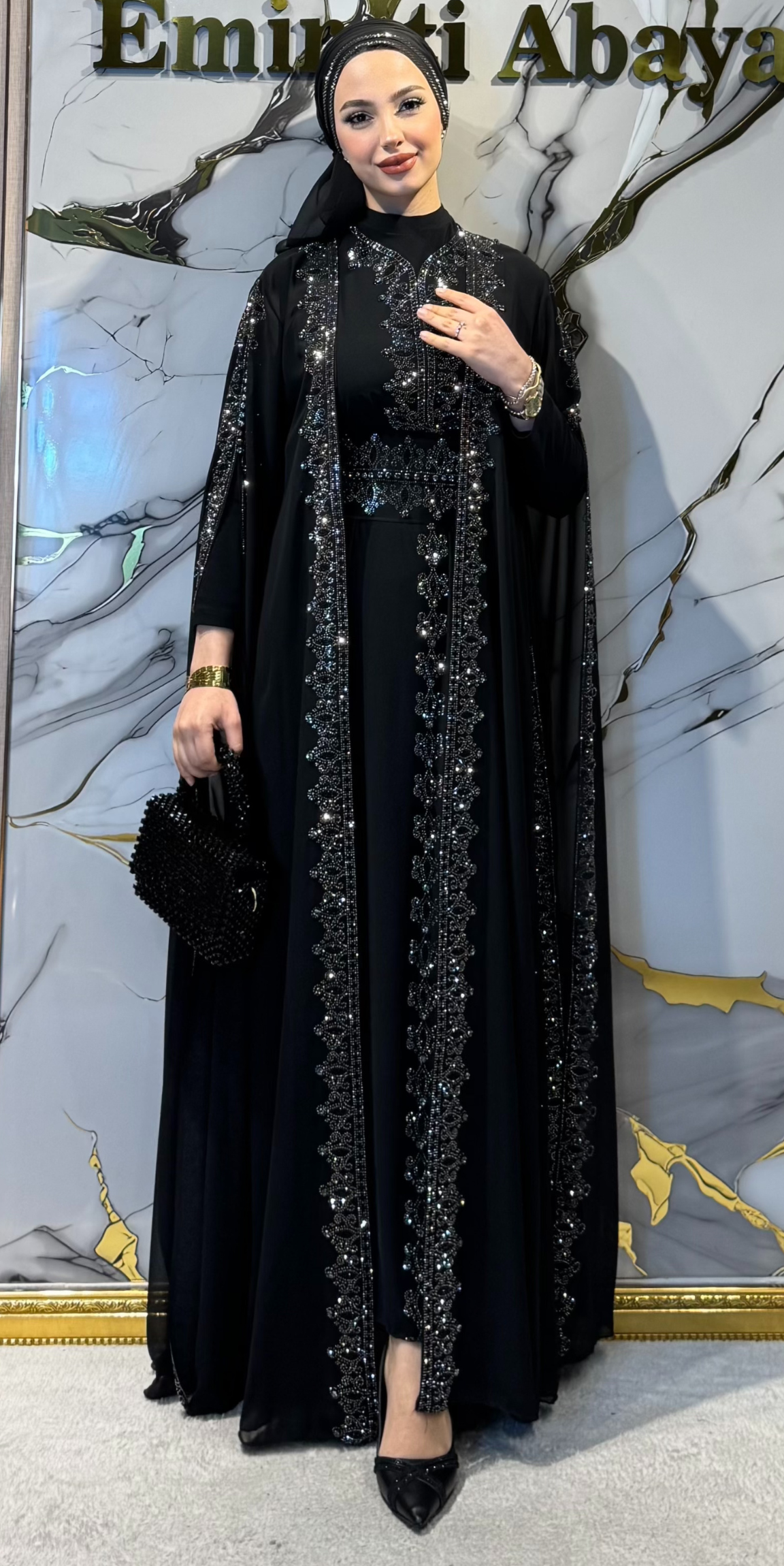 Hematit Taşlı Siyah Şifon Abaya Uzun Kollu 4 Parça Takım LY12 HSB