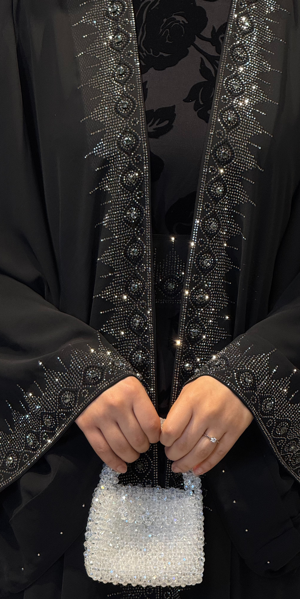 Black Traditional Suit with Hematite Stone and Flock Print | LY43 HSB