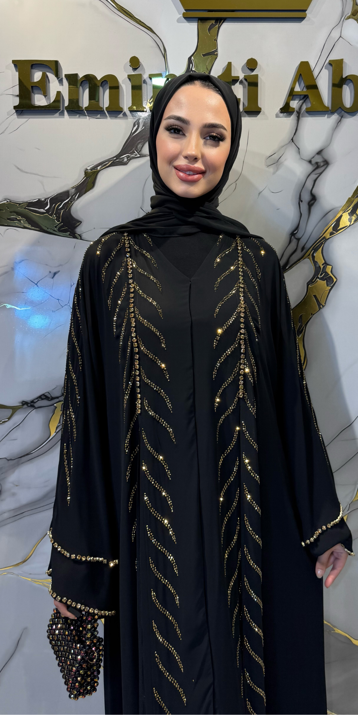 Altın Swarovski Taşlı Emirati Tasarım Siyah Kore Şifon Abaya