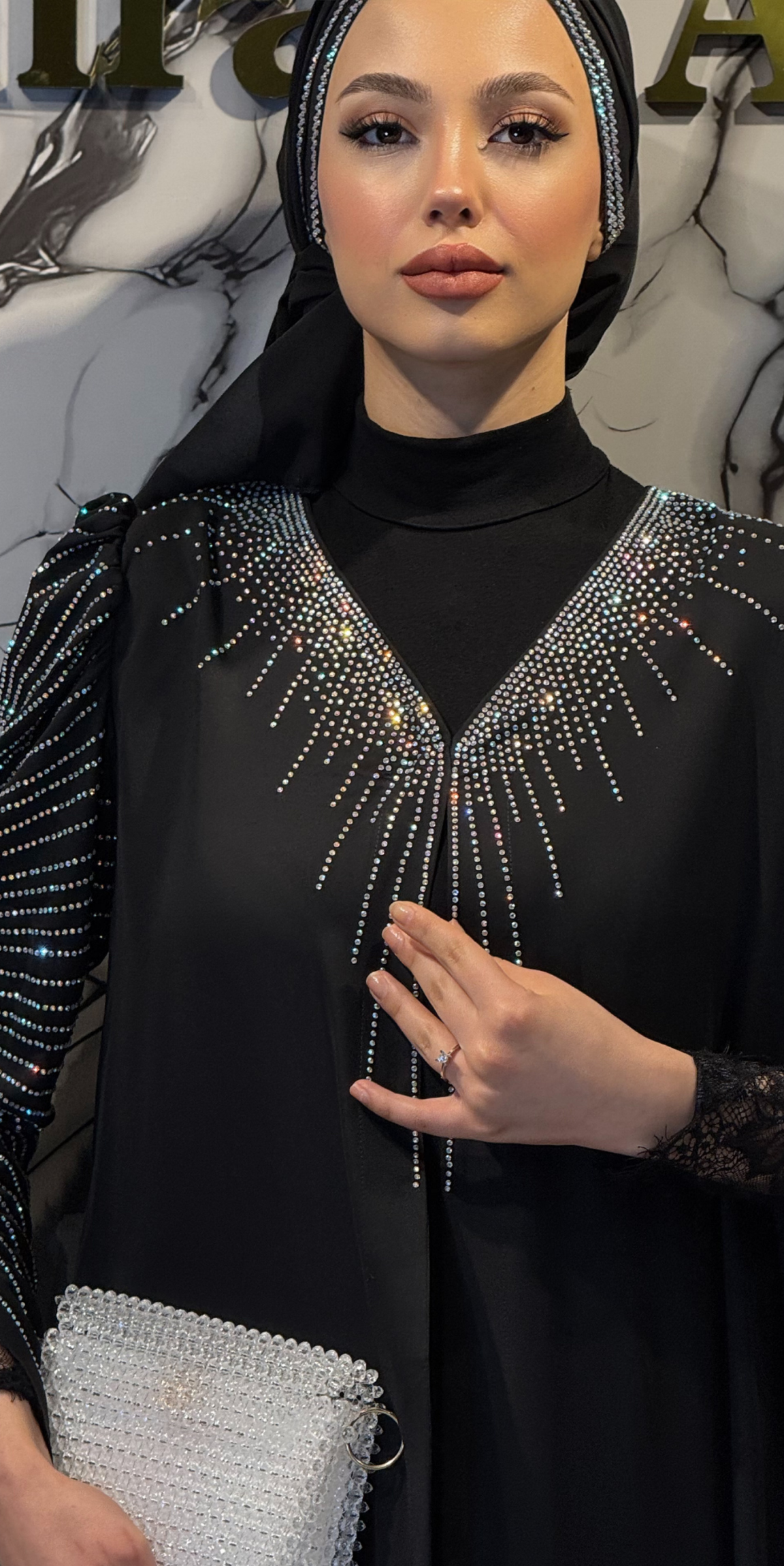 Janjan Stone Embellished Black Abaya - Long Sleeved Shimmering TM82 JSDB