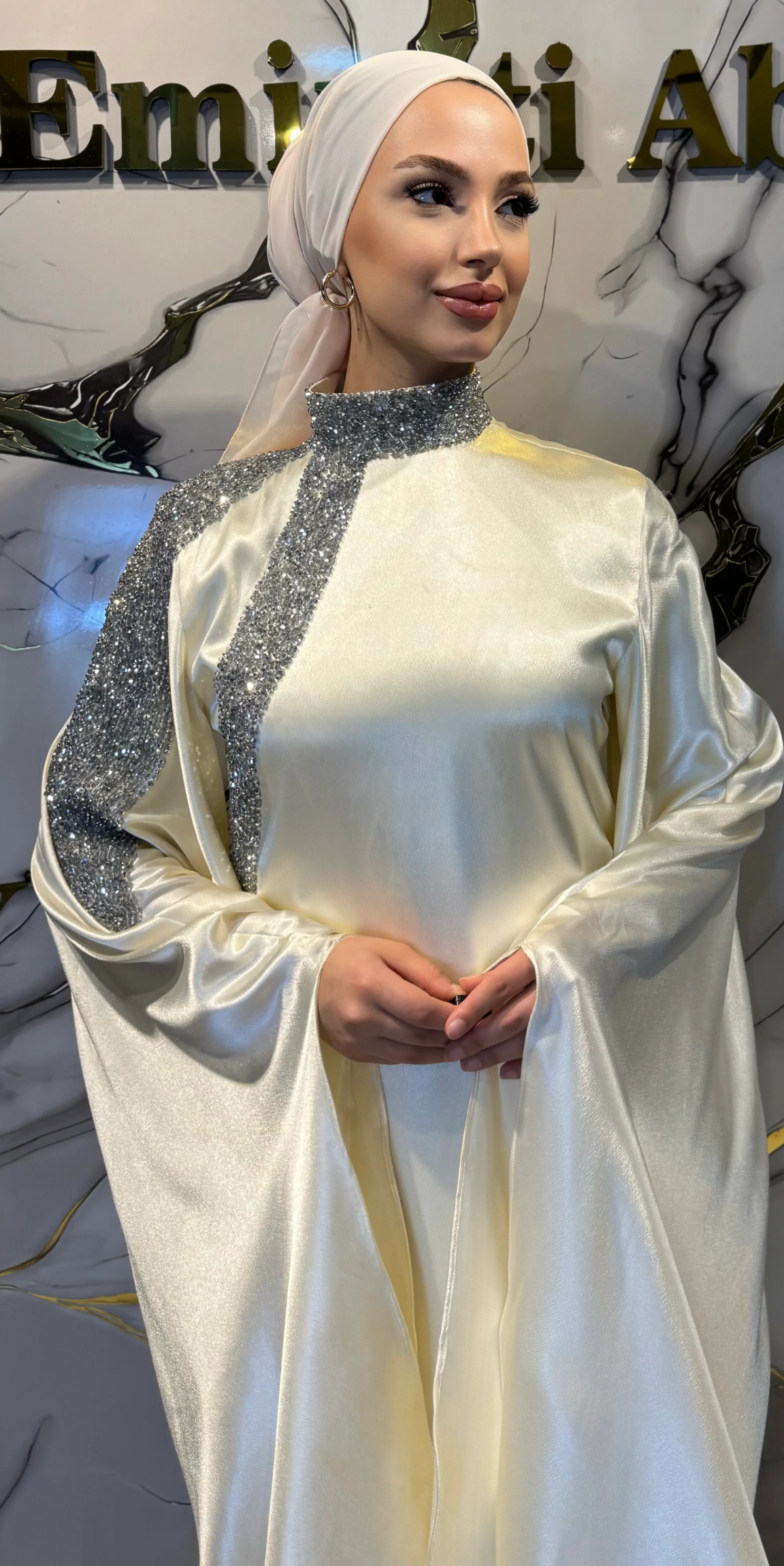 Cream Hand-Embroidered Floral Satin Evening Gown with Stone Details | EF009 WSK