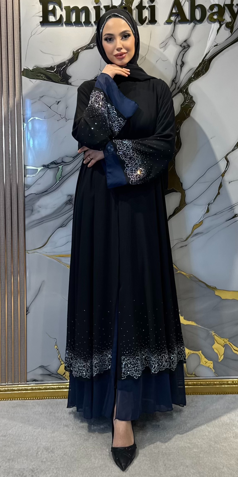 Luxury Sparkling Stone Embellished Black & Navy Two-Tone Chiffon Abaya with Front Button Closure | LY07 JSB