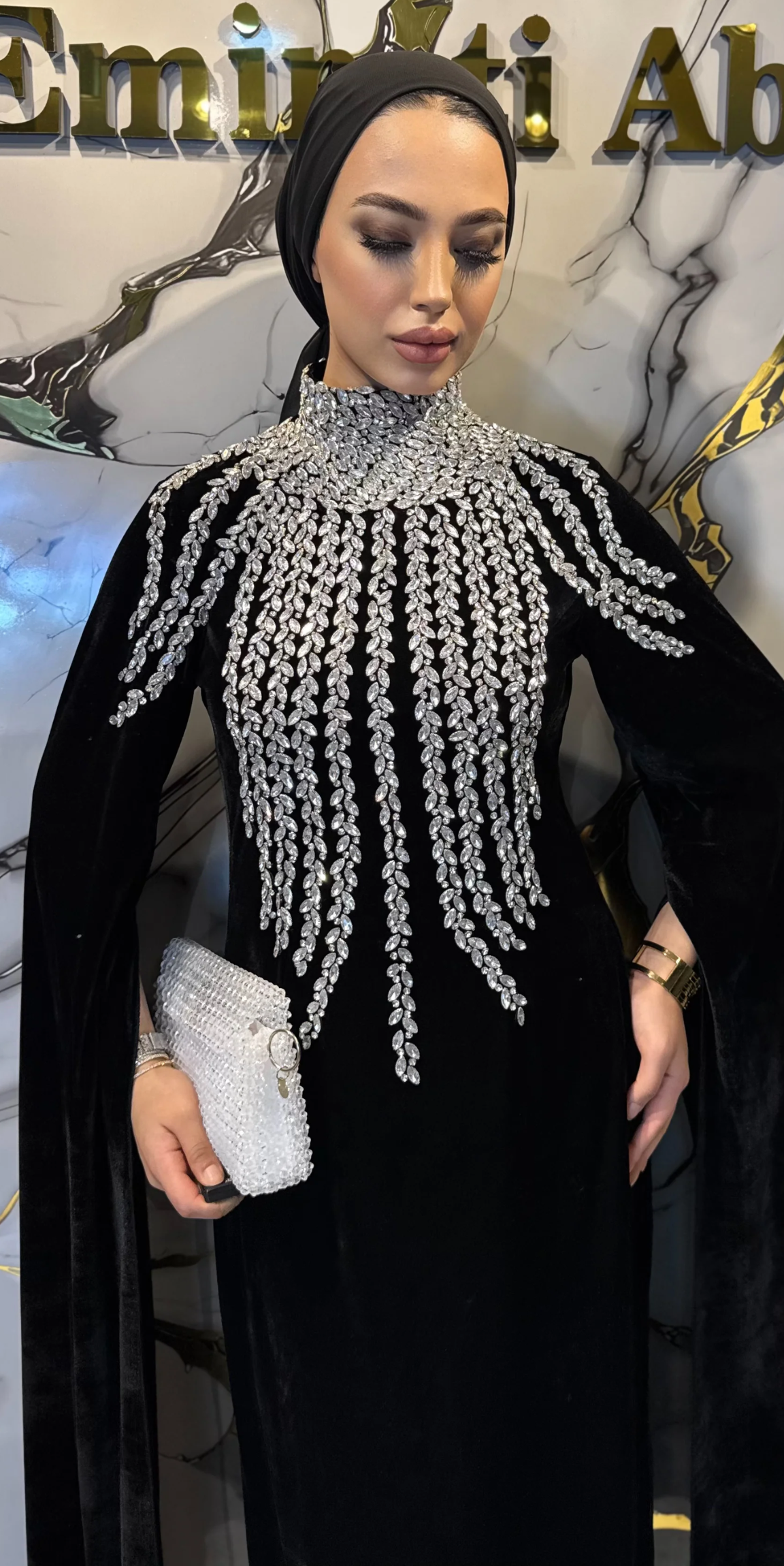 Long-Sleeved, Handcrafted Black Velvet Abaya with White Stones | EF0019 WSVB