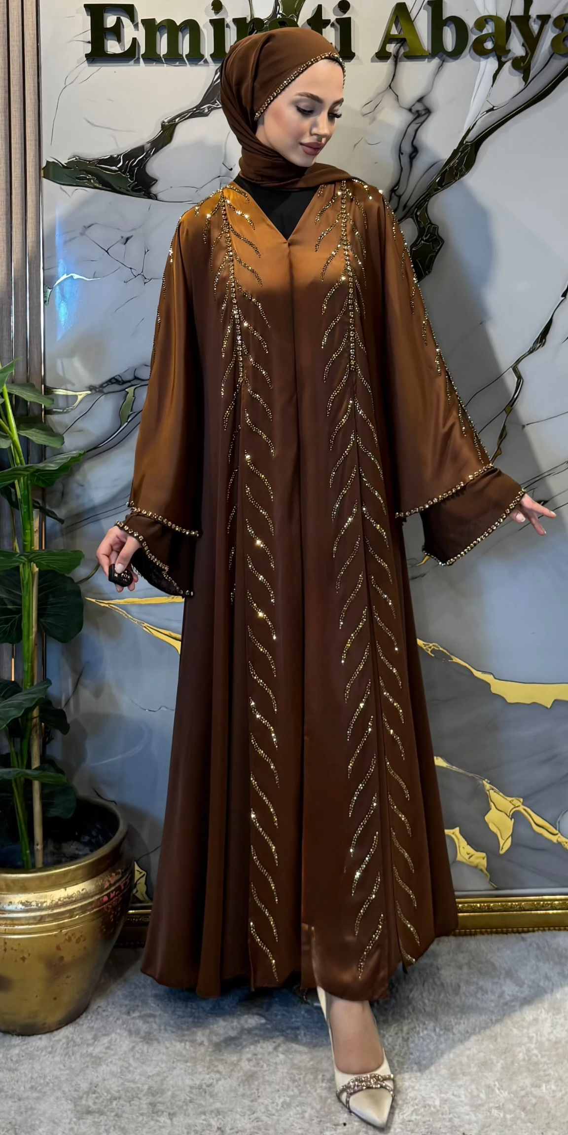 Zara Royal Gold Branched Front Slit Satin and Chiffon Abaya | LY41 GSK