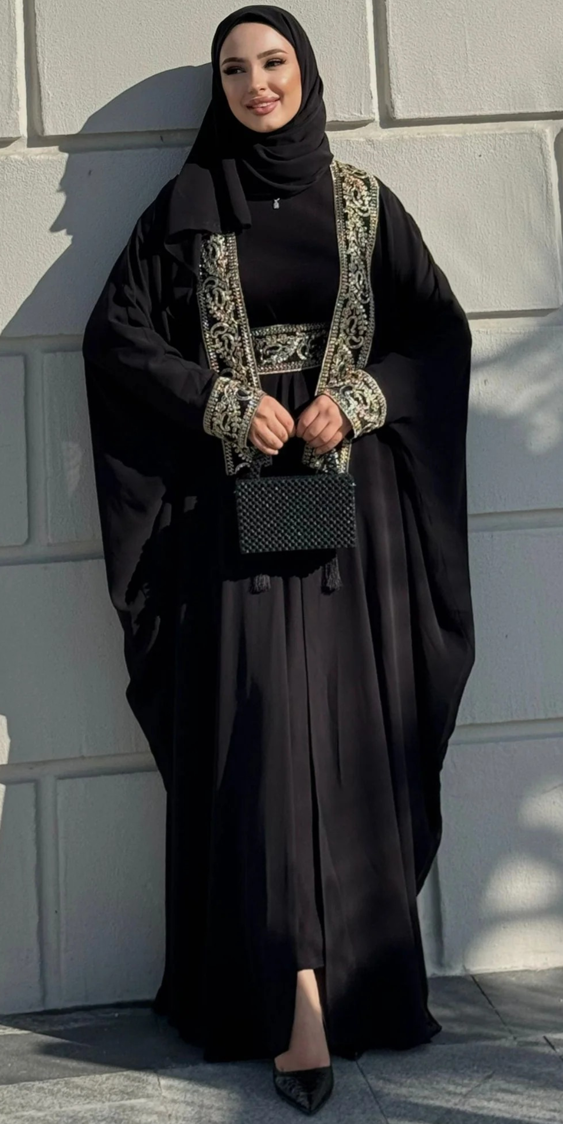 Black Traditional Abaya with Gold Pattern Front TM087 - 4-Piece Set (Includes Shawl, Belt and Inner Top)