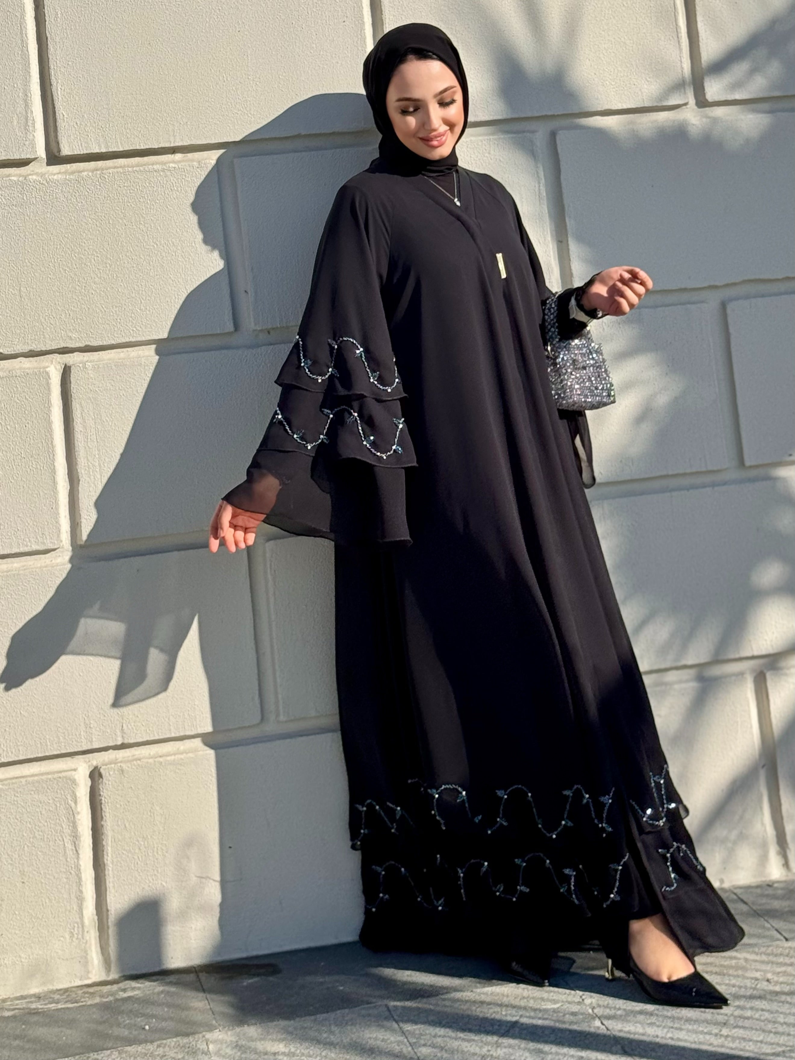 Hand Embroidered Blue Stone Black Chiffon Abaya