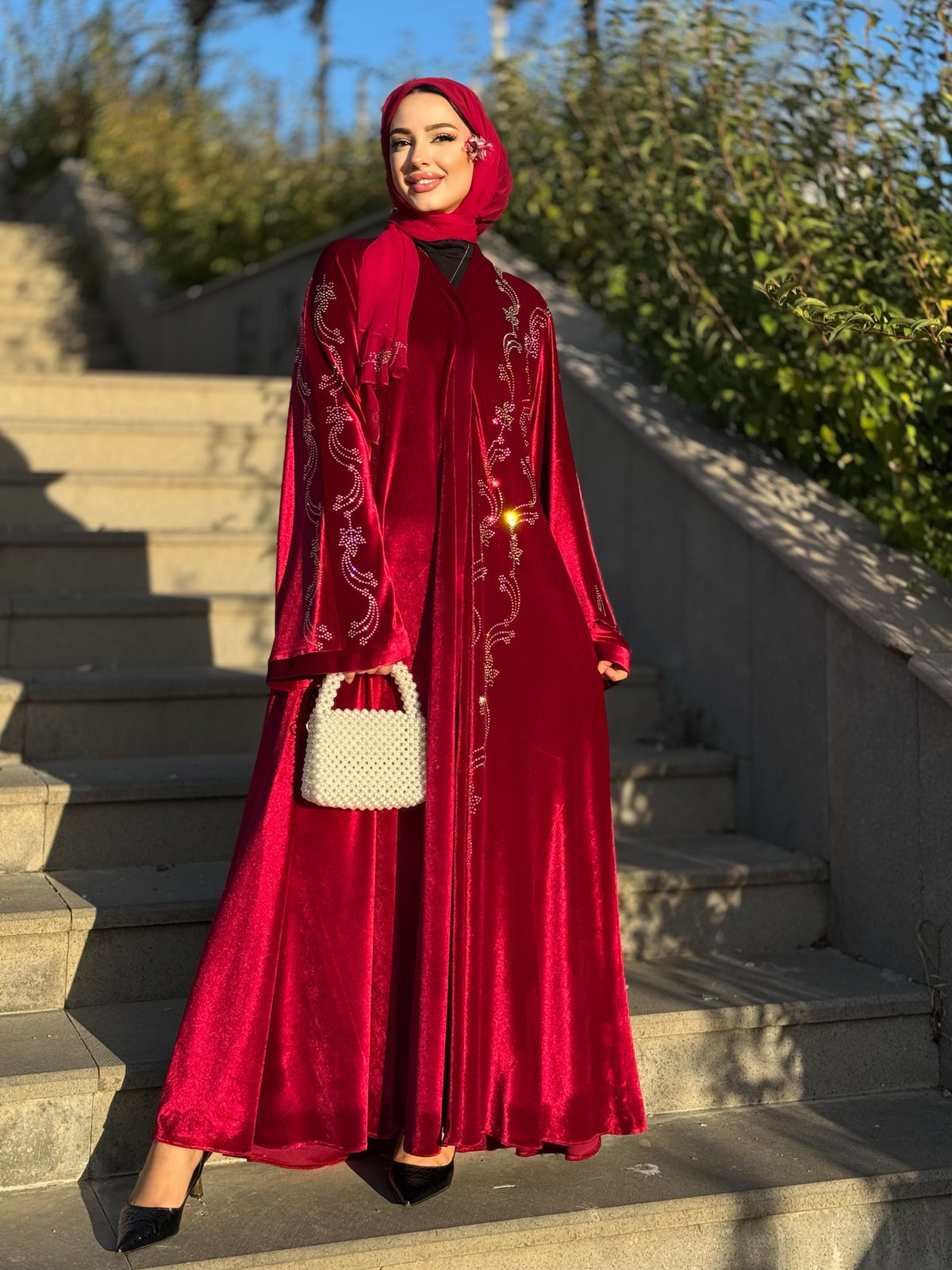 Burgundy Velvet Abaya with Swarovski Crystal Embellished Shoulders M58 RED - Luxurious and Elegant Model