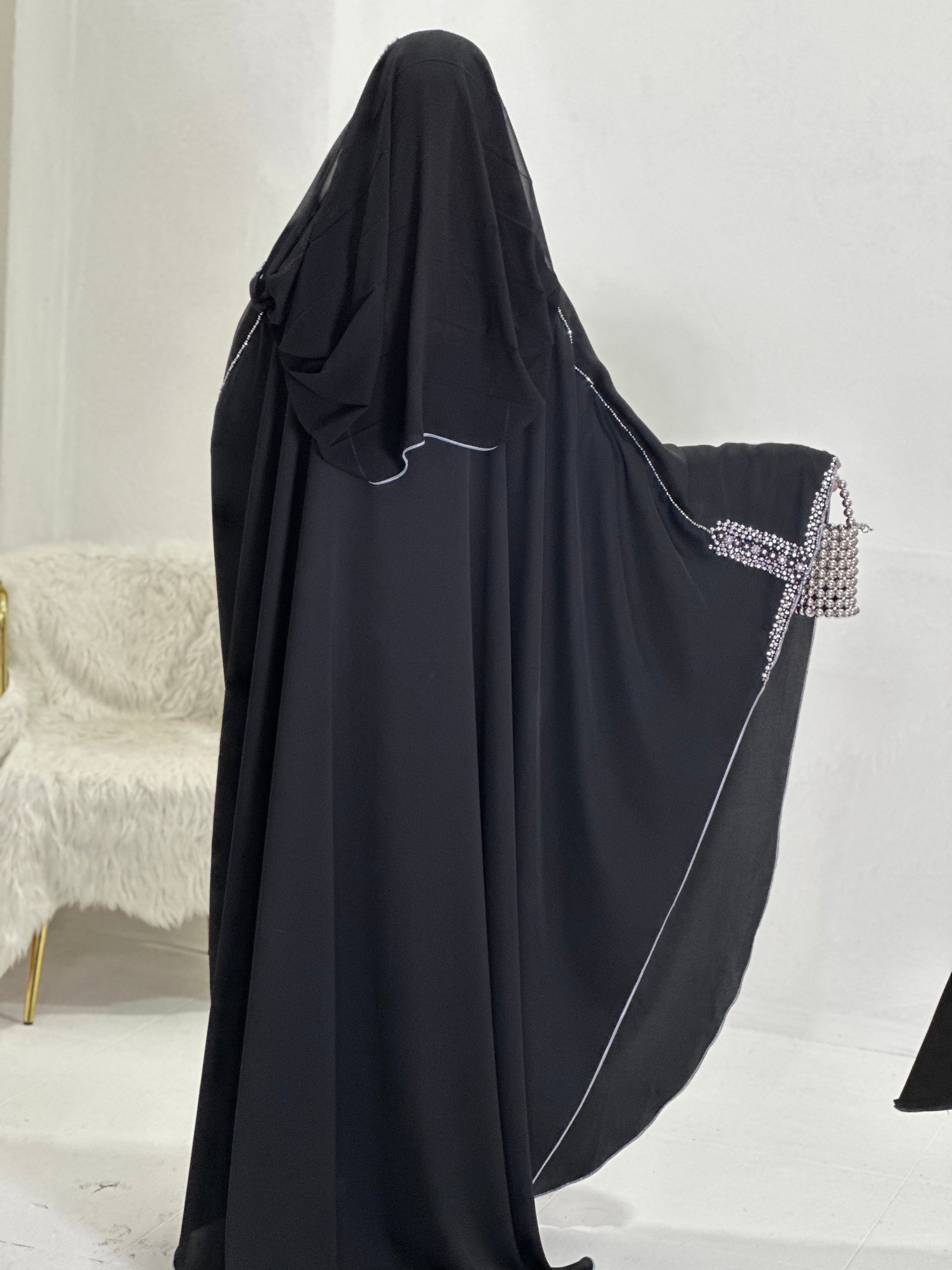 Celestial Elegance: V-Neck Buggy Stone Abaya with Handmade Swarovski Embellishments