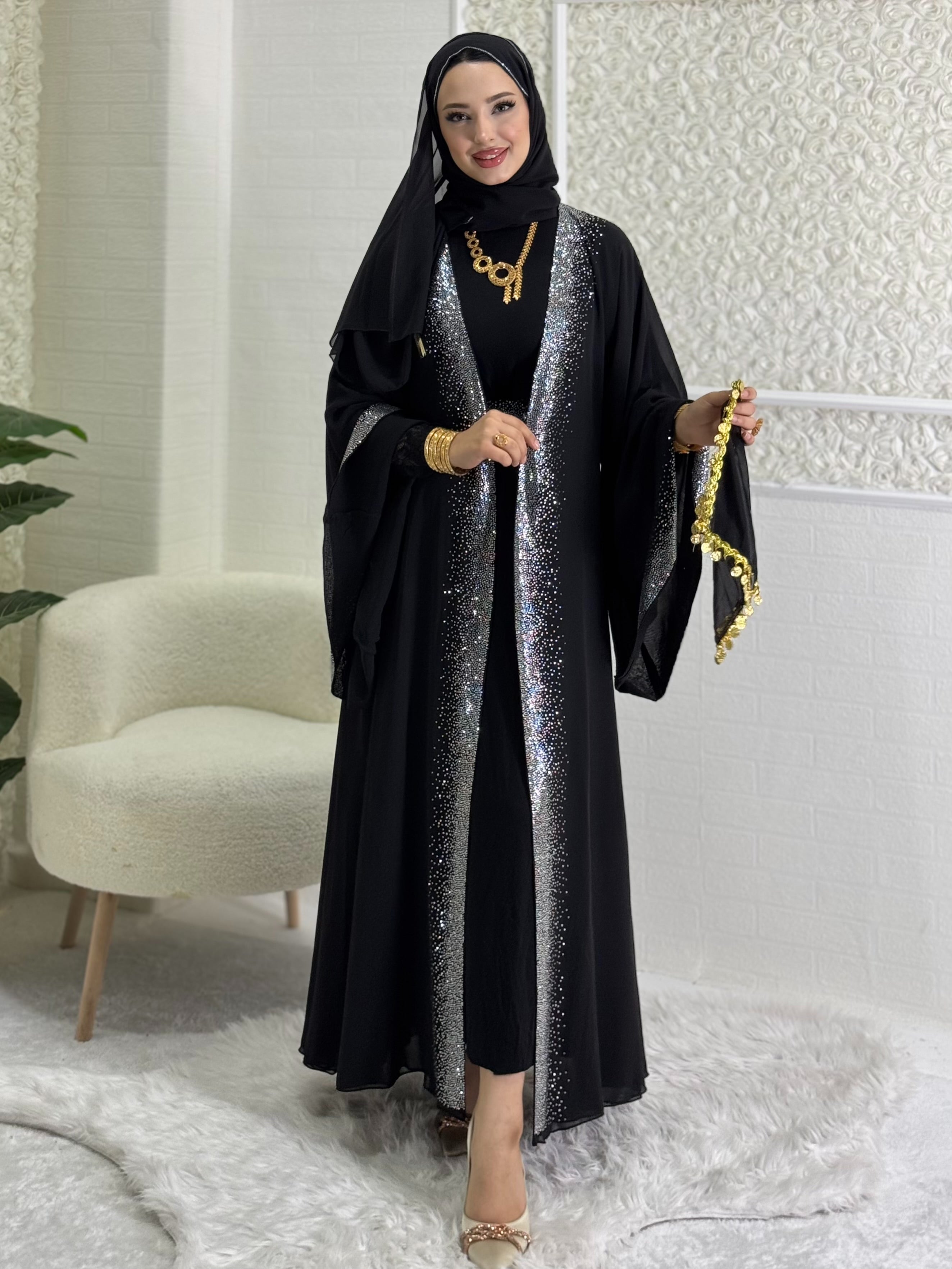 Shiny Stylish Abaya with Stones on the Front