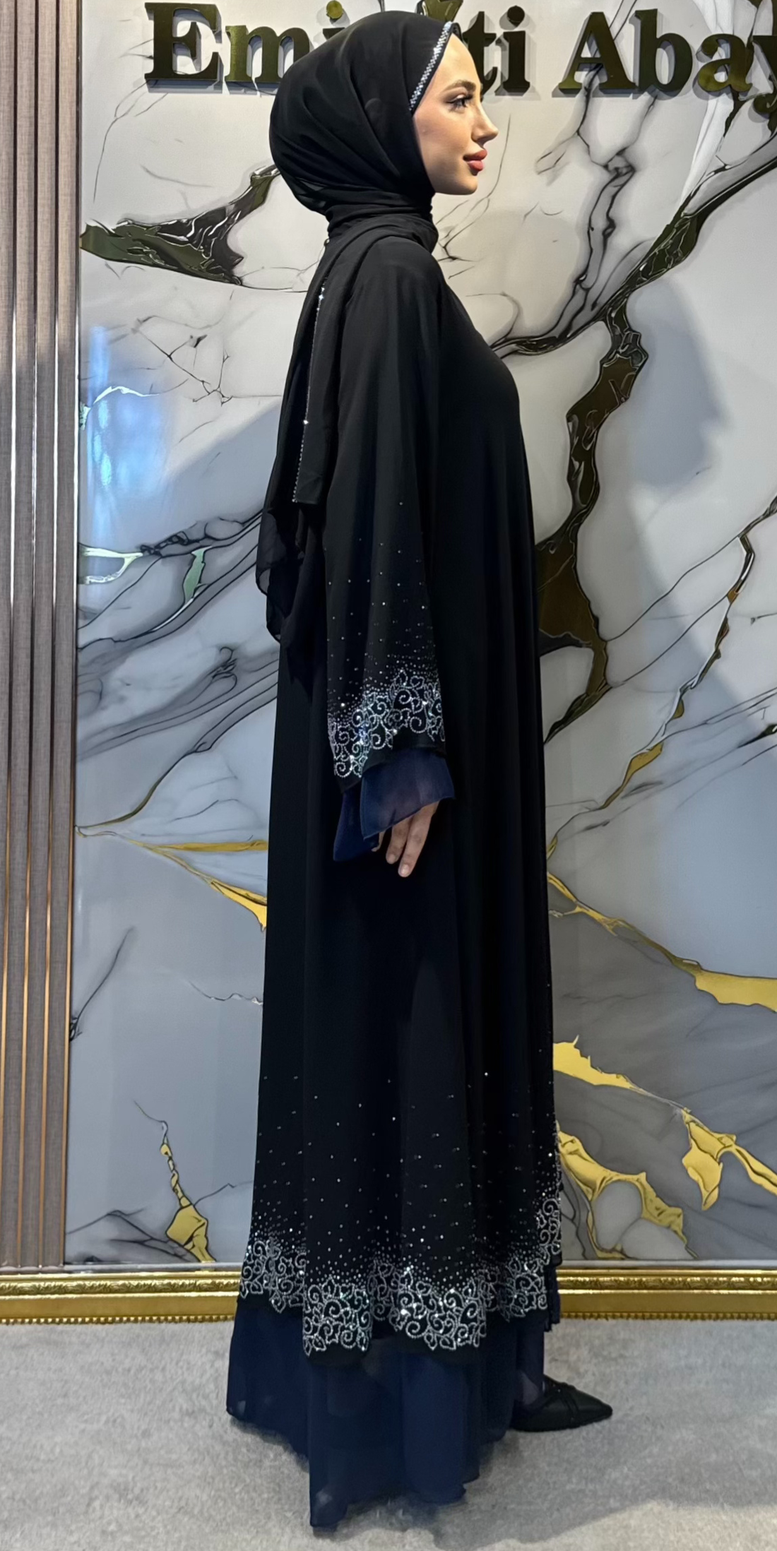 Luxury Sparkling Stone Embellished Black & Navy Two-Tone Chiffon Abaya with Front Button Closure | LY07 JSB