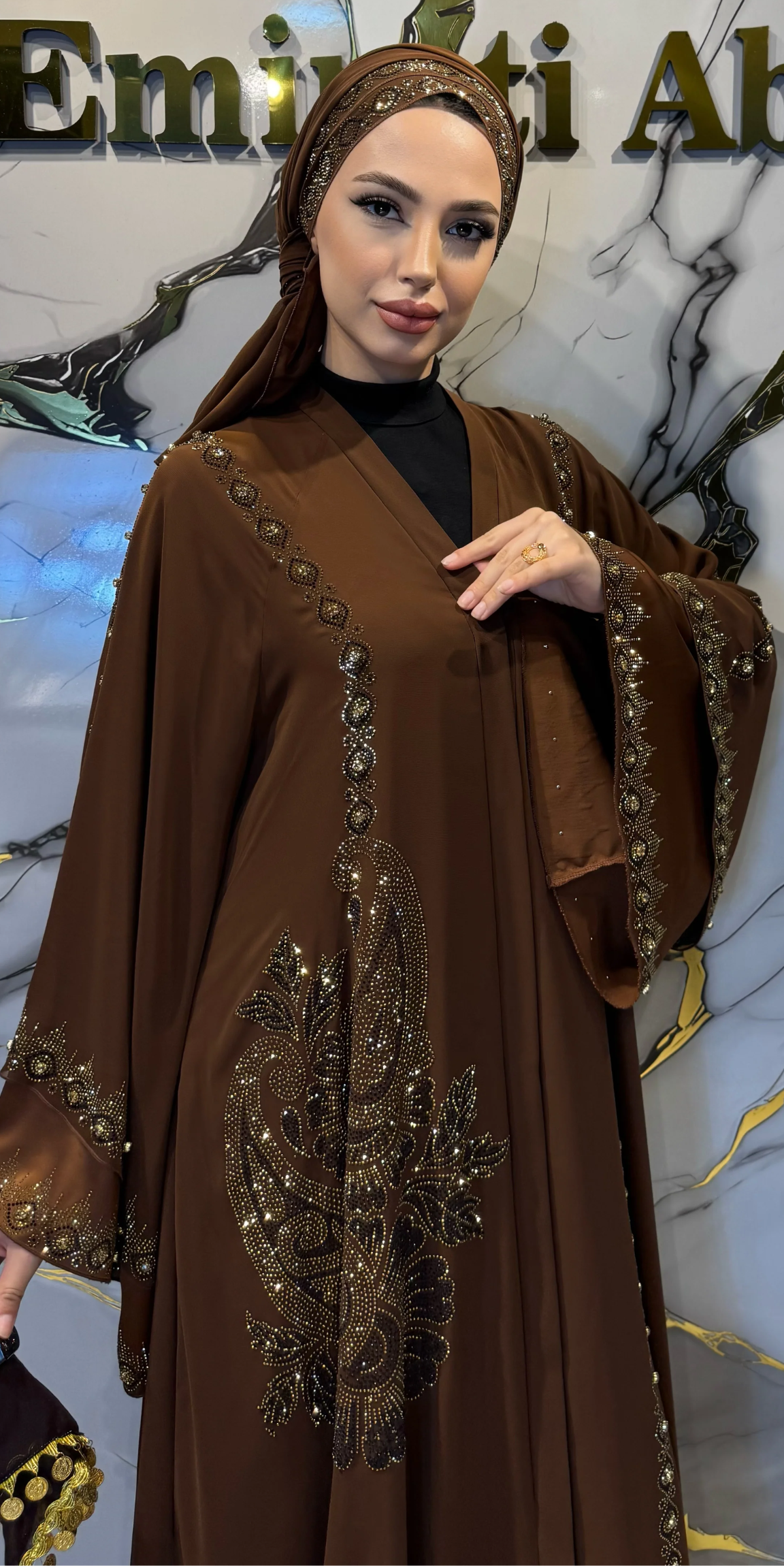 Gold Taş İşlemeli İki Katlı Zara Saten Abaya | LY23 GSK