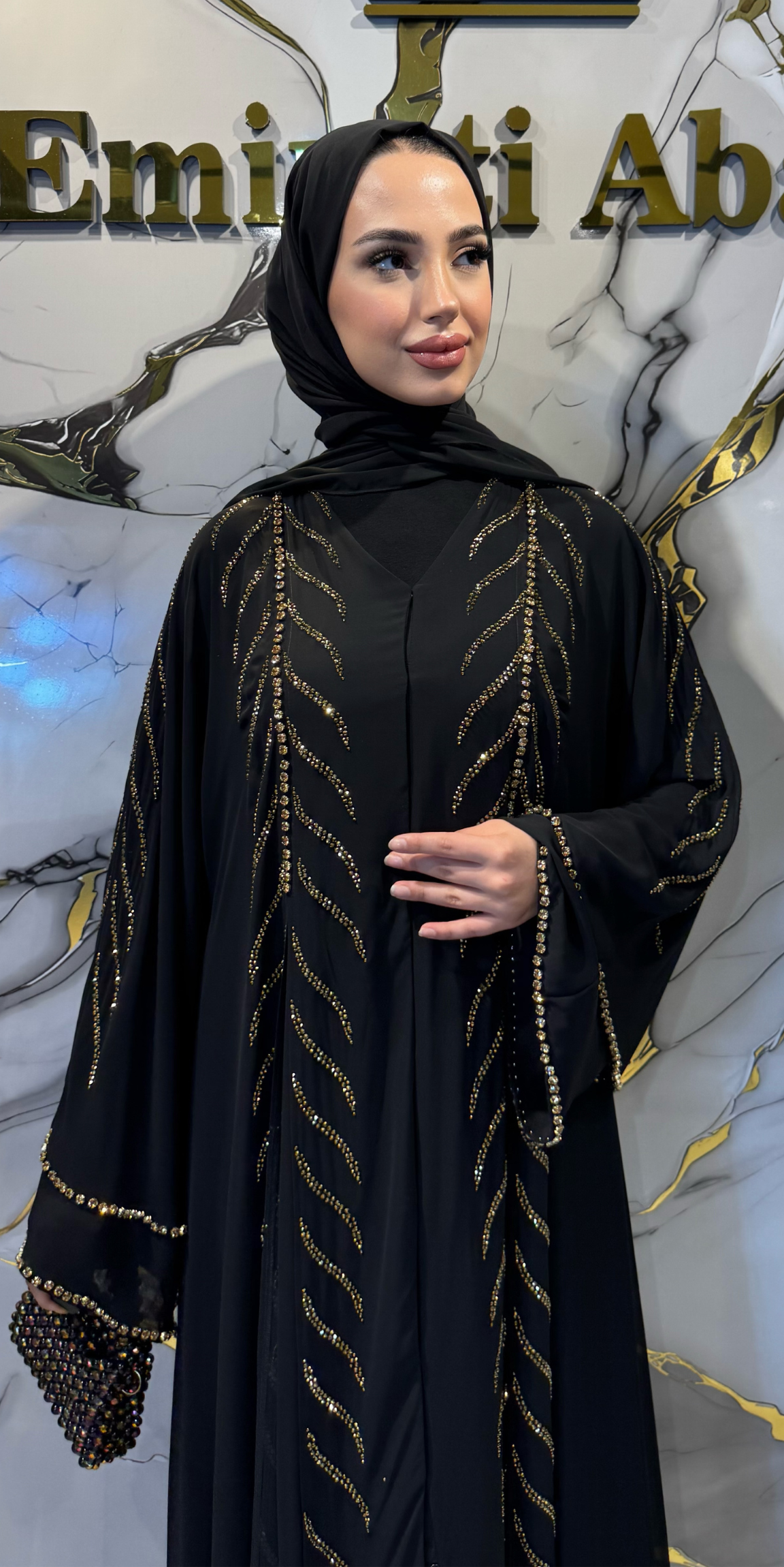 Altın Swarovski Taşlı Emirati Tasarım Siyah Kore Şifon Abaya