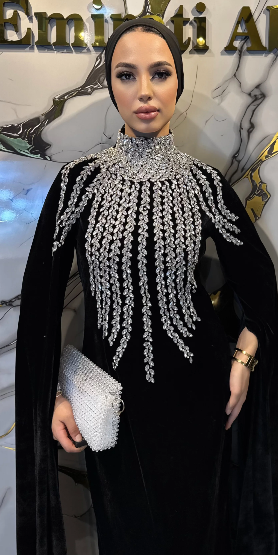 Long-Sleeved, Handcrafted Black Velvet Abaya with White Stones | EF0019 WSVB