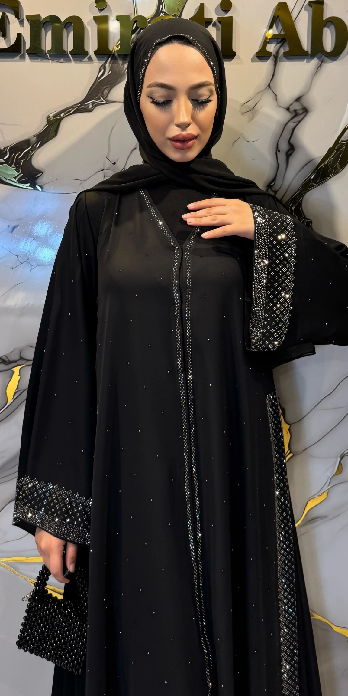 Luxury Dubai Abaya with Hematite Stone Details | LY26 HSB
