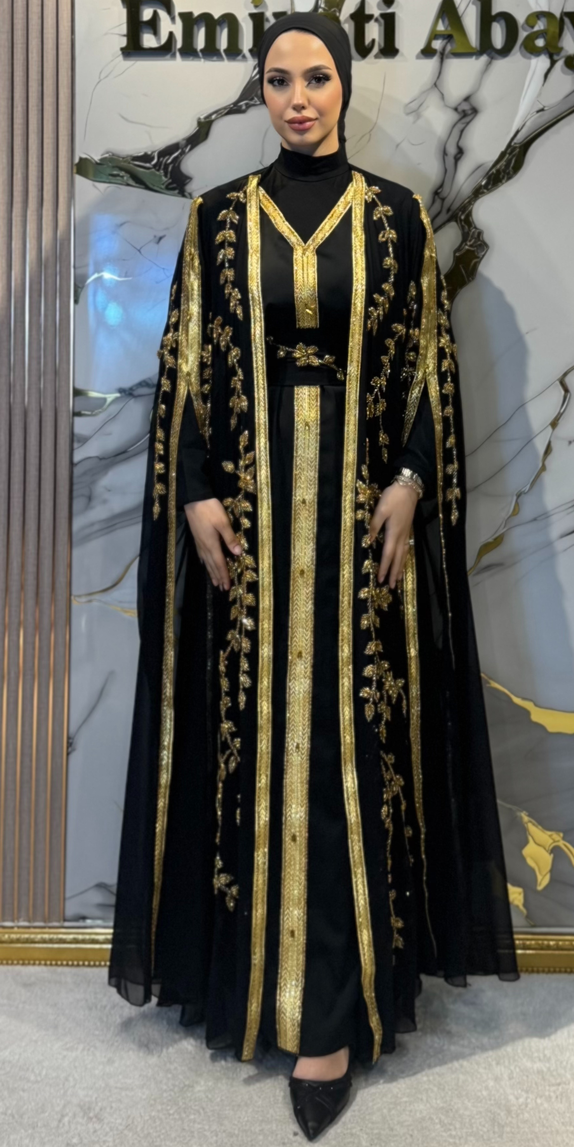El İşlemeli Gold Yaprak Detaylı Uzun Kollu Abaya Takımı 4 Parça Set EF001 GSB