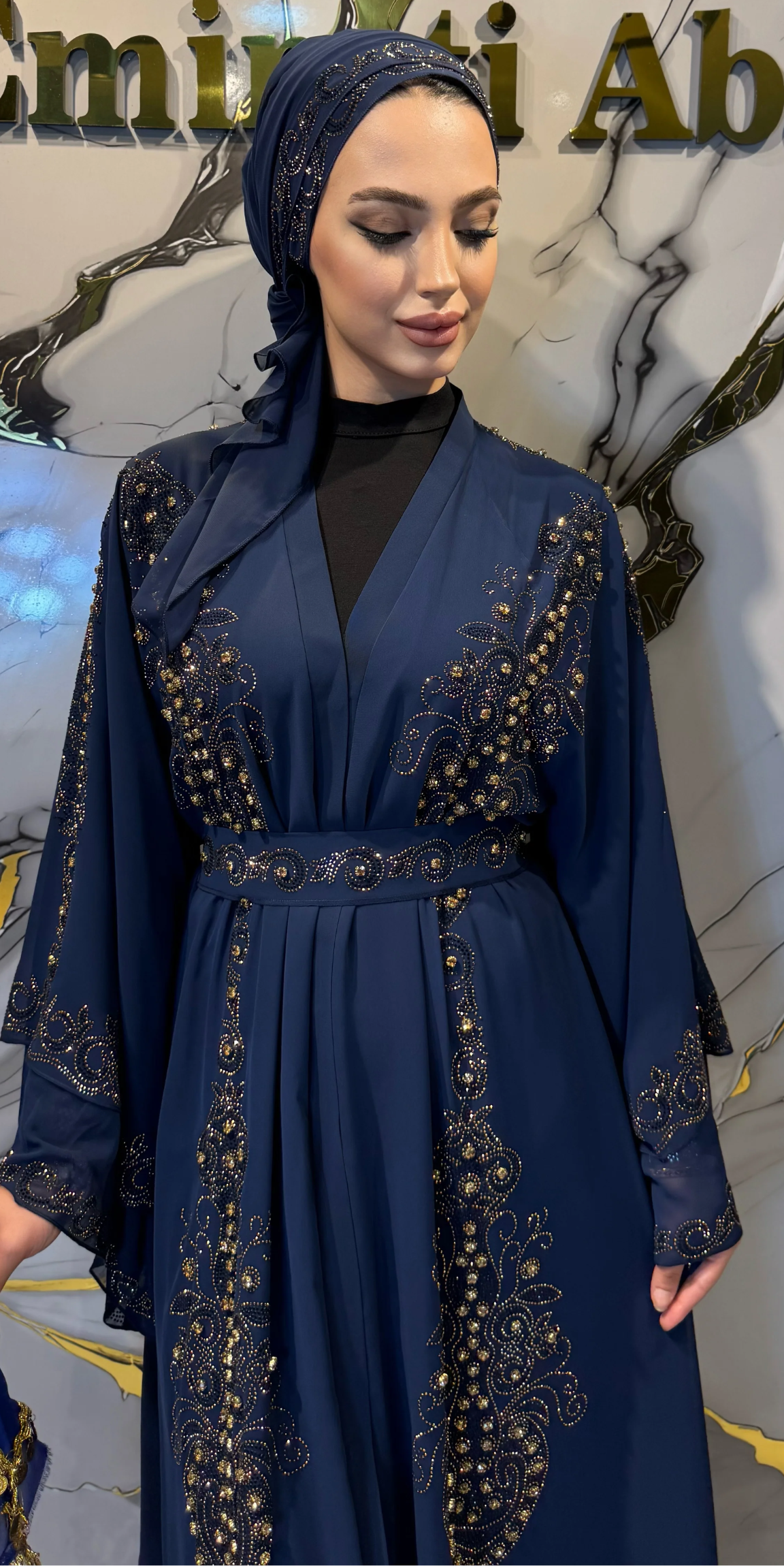 Çift Katlı Altın Taşlı Lacivert Şifon Abaya LY14 GSL - Taşlı Kemer ve Şal Dahil
