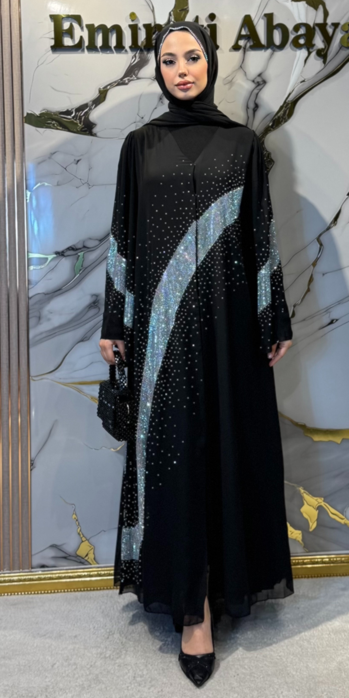 Çapraz Janjan Taşlı Siyah Şifon Abaya | Işıltılı Düğün Abayası TM35 JSDB