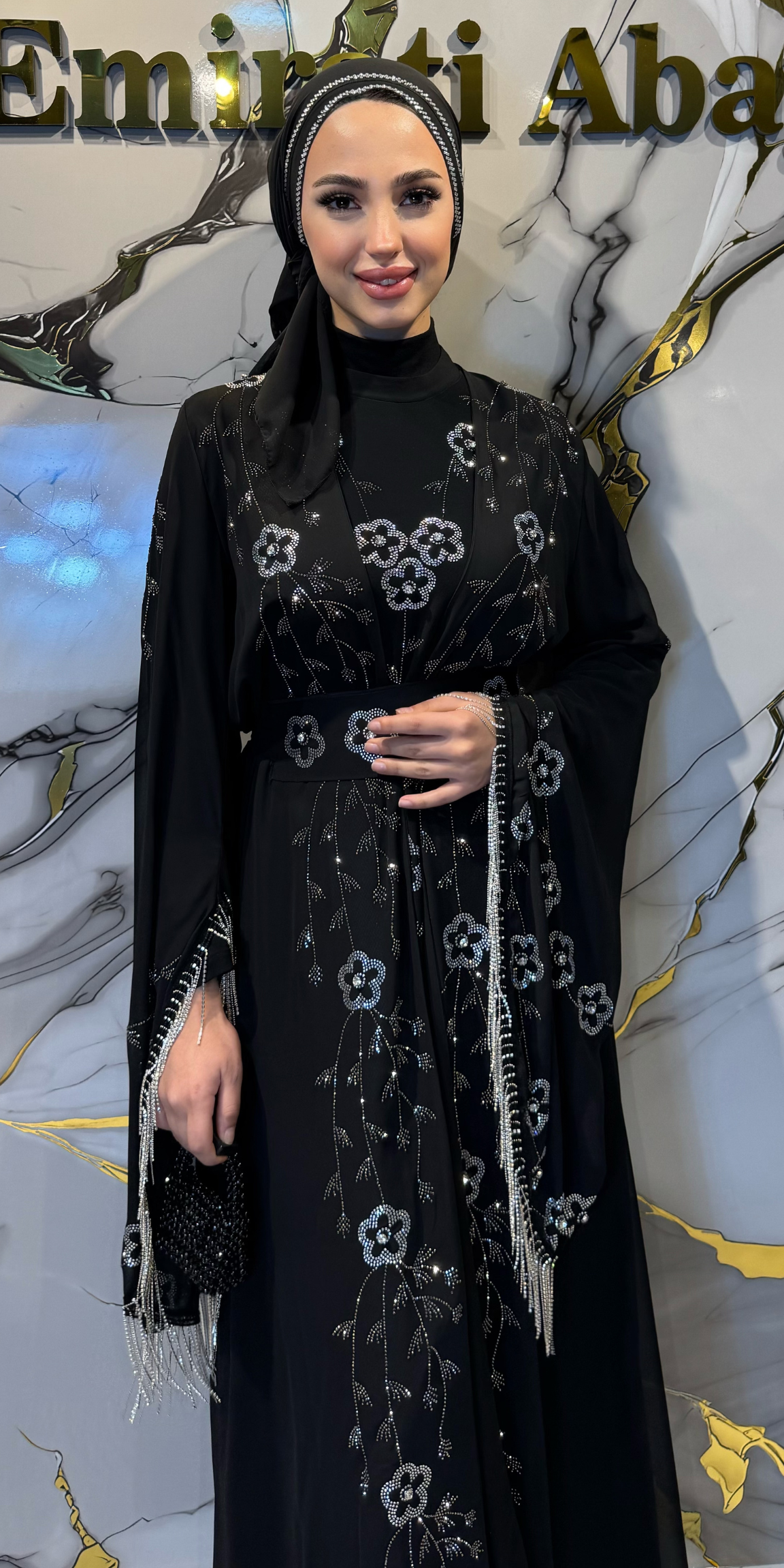 Beyaz Swarovski Taşlı Kore Şifon Dubai Stil Yöresel Abaya