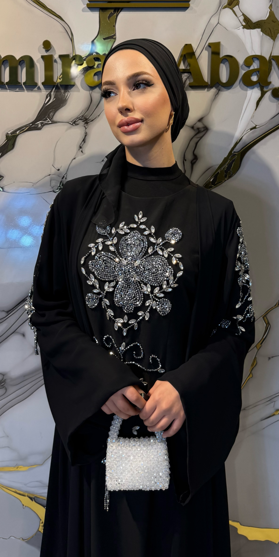 El İşçiliği Swarovski Taşlı Siyah Kore Şifon Dubai Tasarım Abaya | EF006 WSB