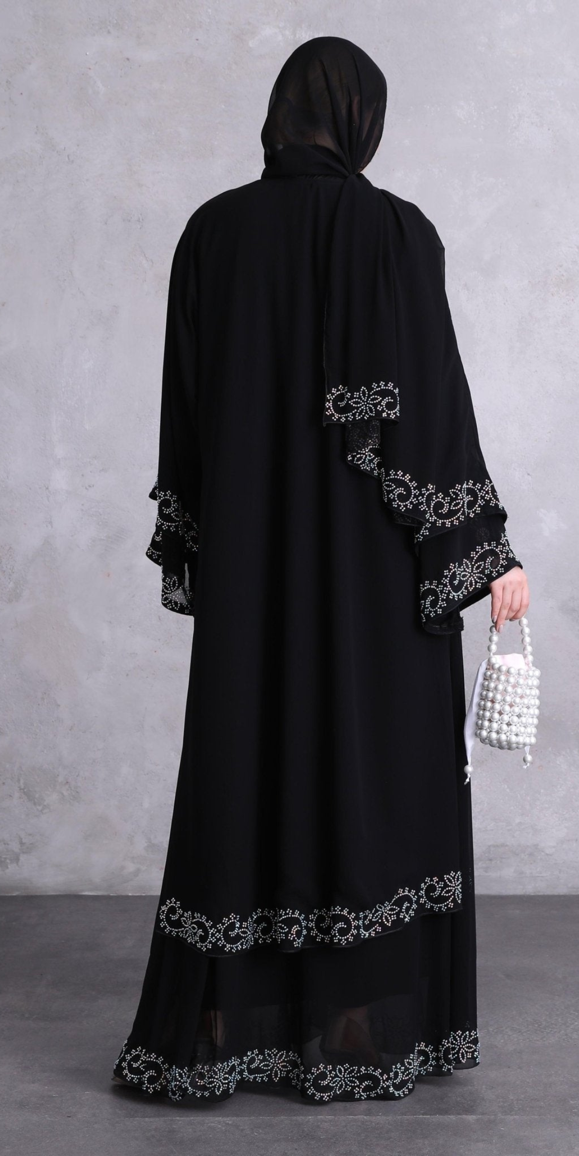 Yanları Yırtmaçlı Swarovski Taşlı Siyah Abaya