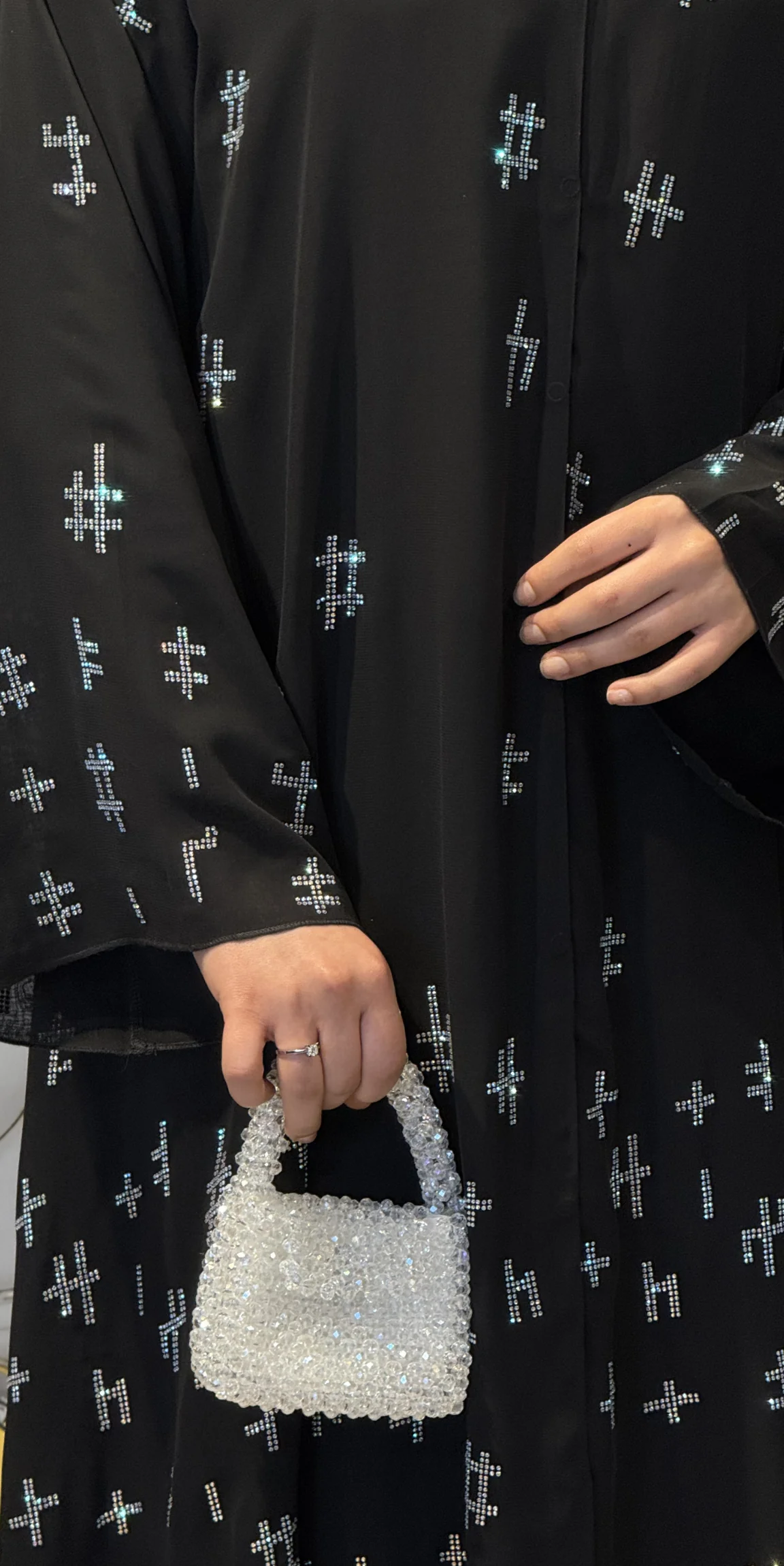 Janjan Geometrik Taş Detaylı Siyah Şifon Abaya | TM53 JSB