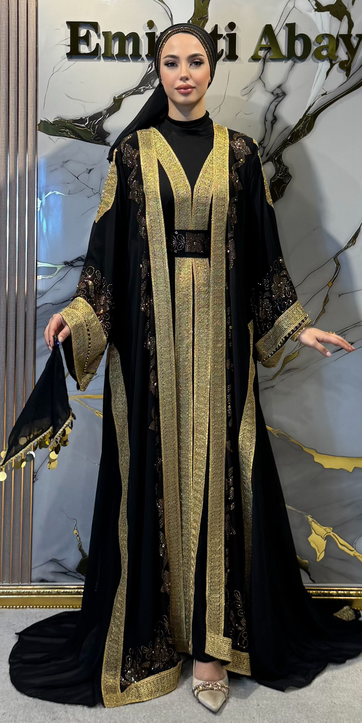 Premium Golden Swarovski Korean Chiffon Abaya Set