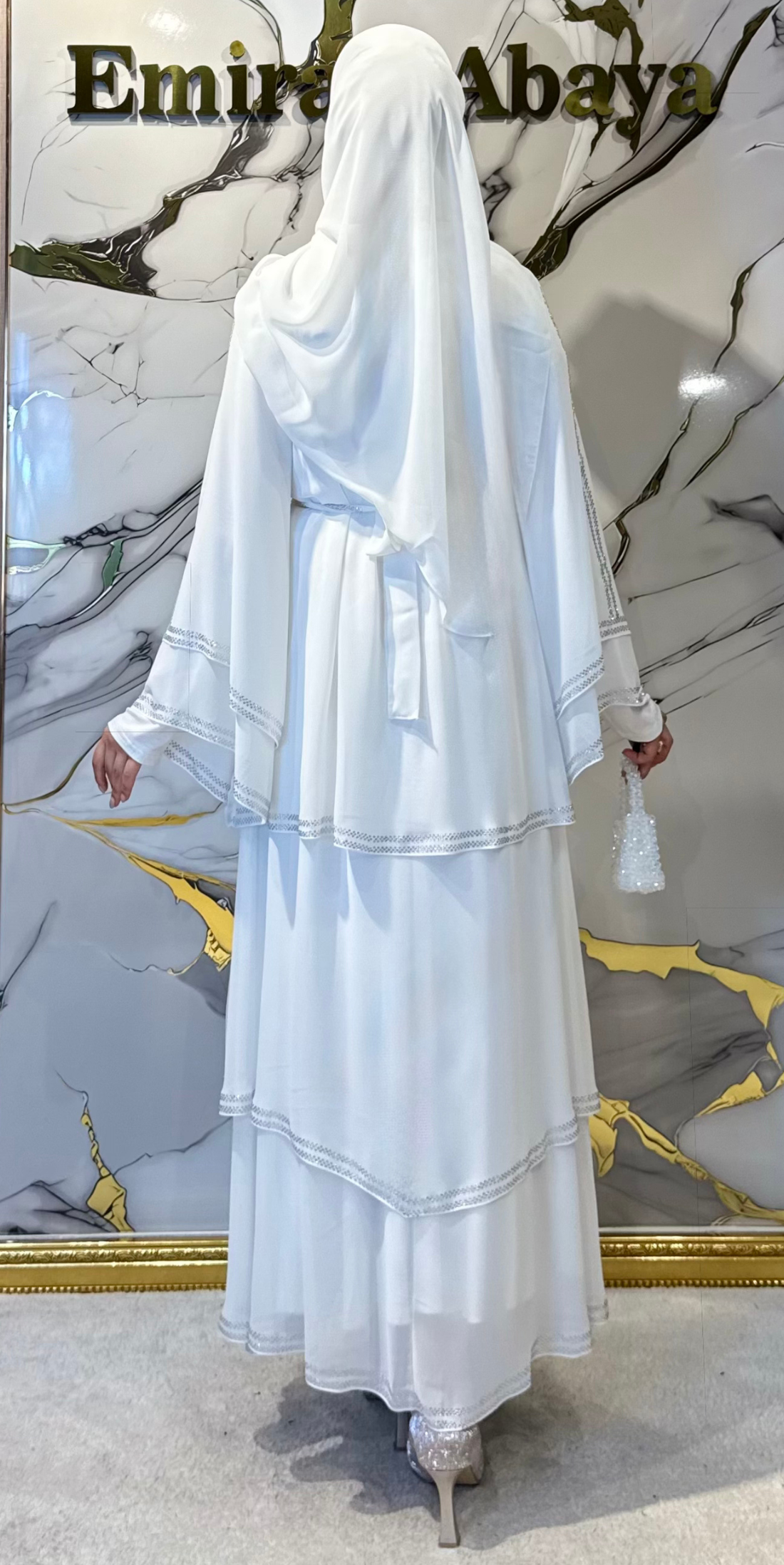 Lüks Beyaz Swarovski Taşlı Üç Katlı Kore Şifon Abaya