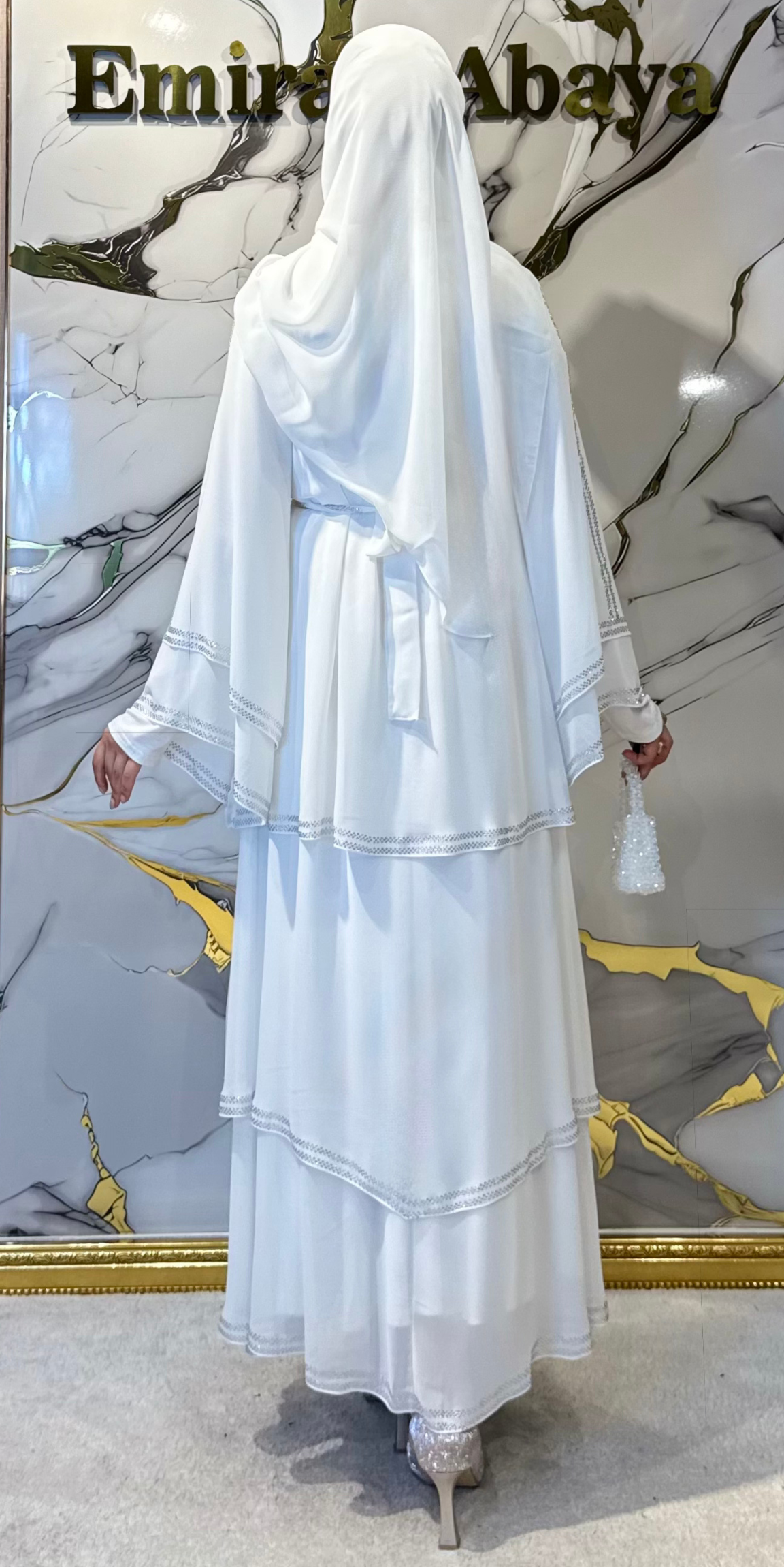 Lüks Beyaz Swarovski Taşlı Üç Katlı Kore Şifon Abaya