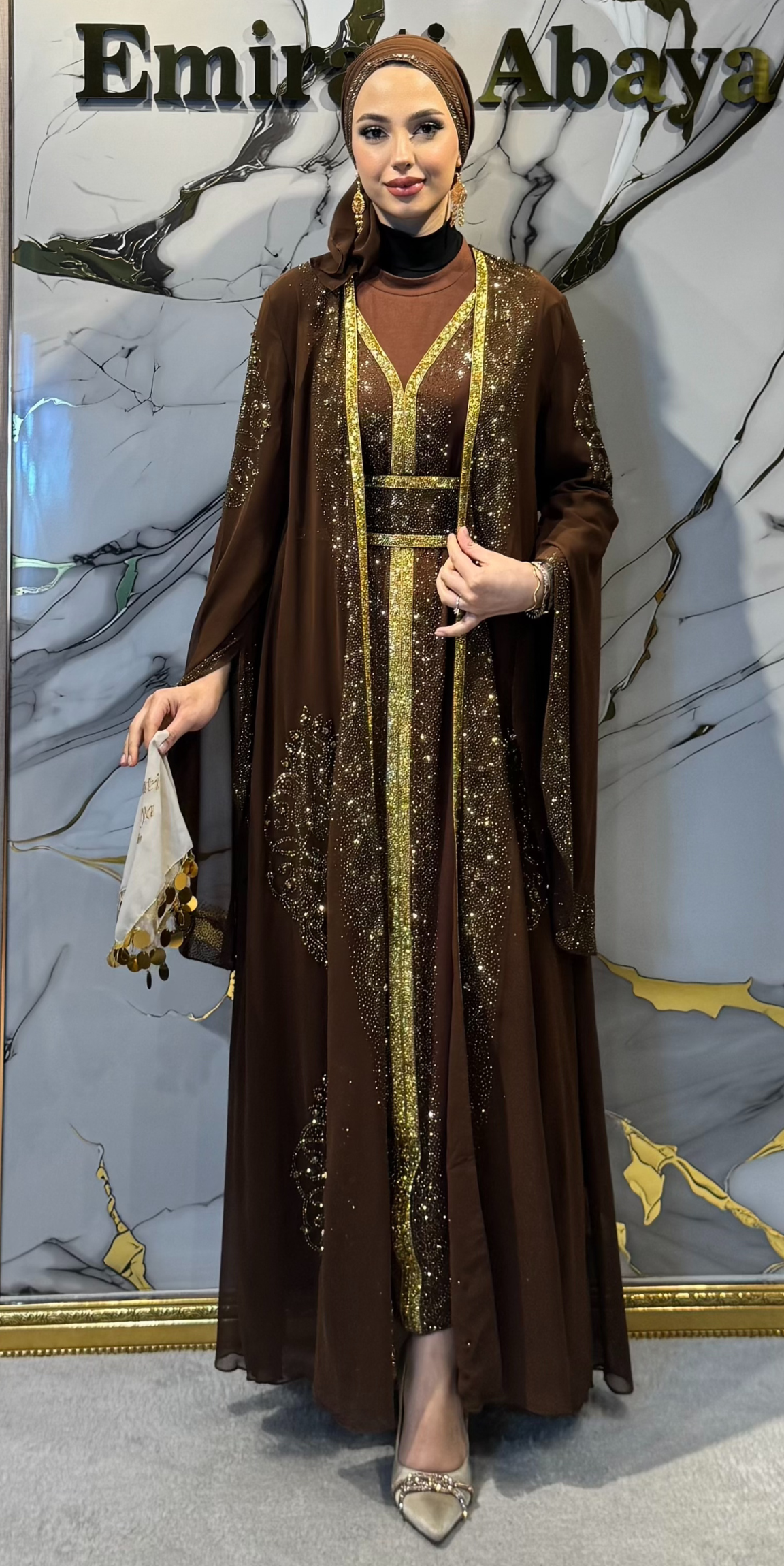 Starlit Noir Altın Taşlı Kahverengi Yöresel Takımı | WS57 GSKAHVE