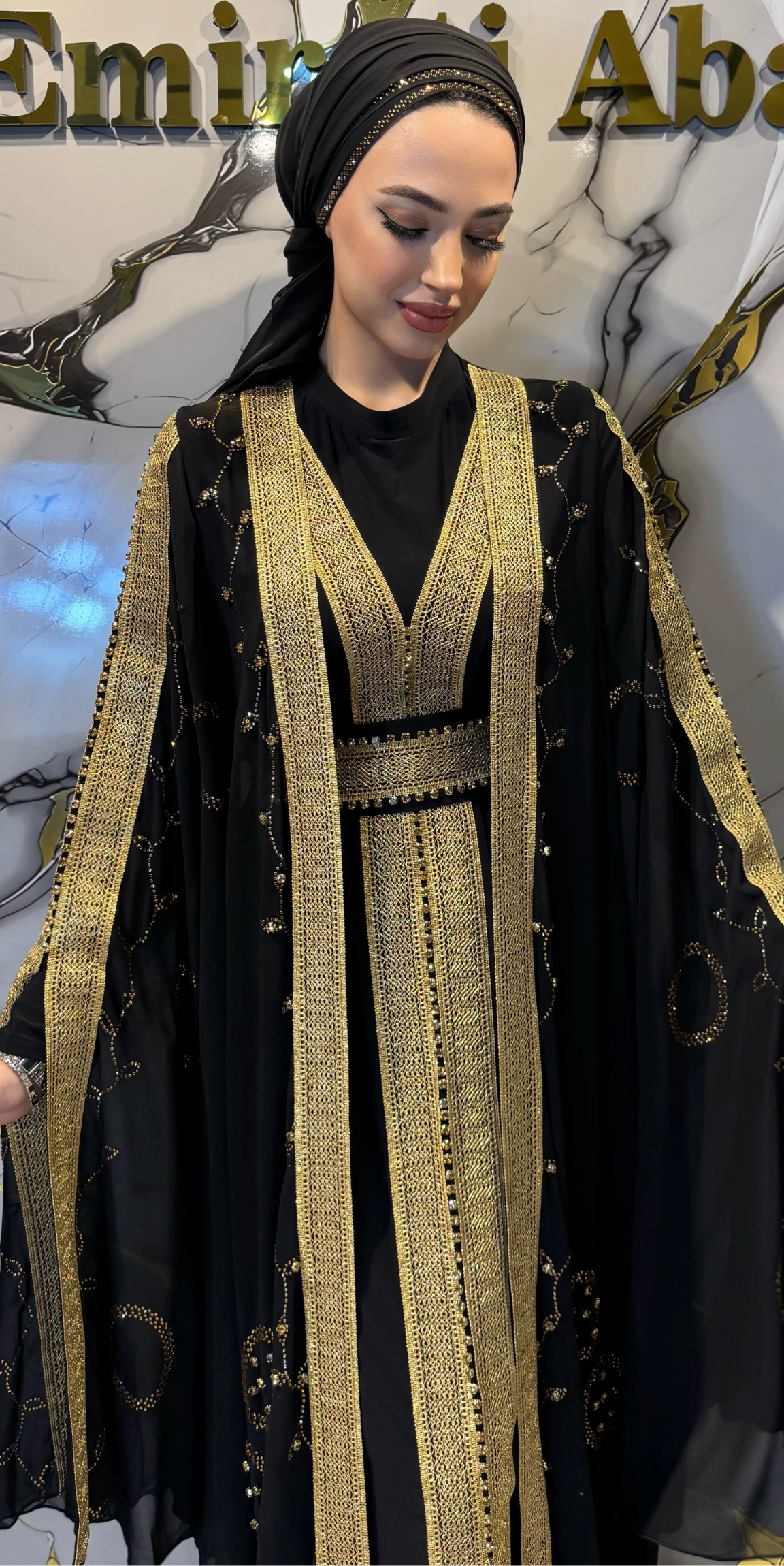 Gold Embellished Ribbon Detail Butterfly Sleeve Black Abaya Set - 4-Piece Luxury Set (Includes Shawl, Belt and Undershirt) WS46 GSB