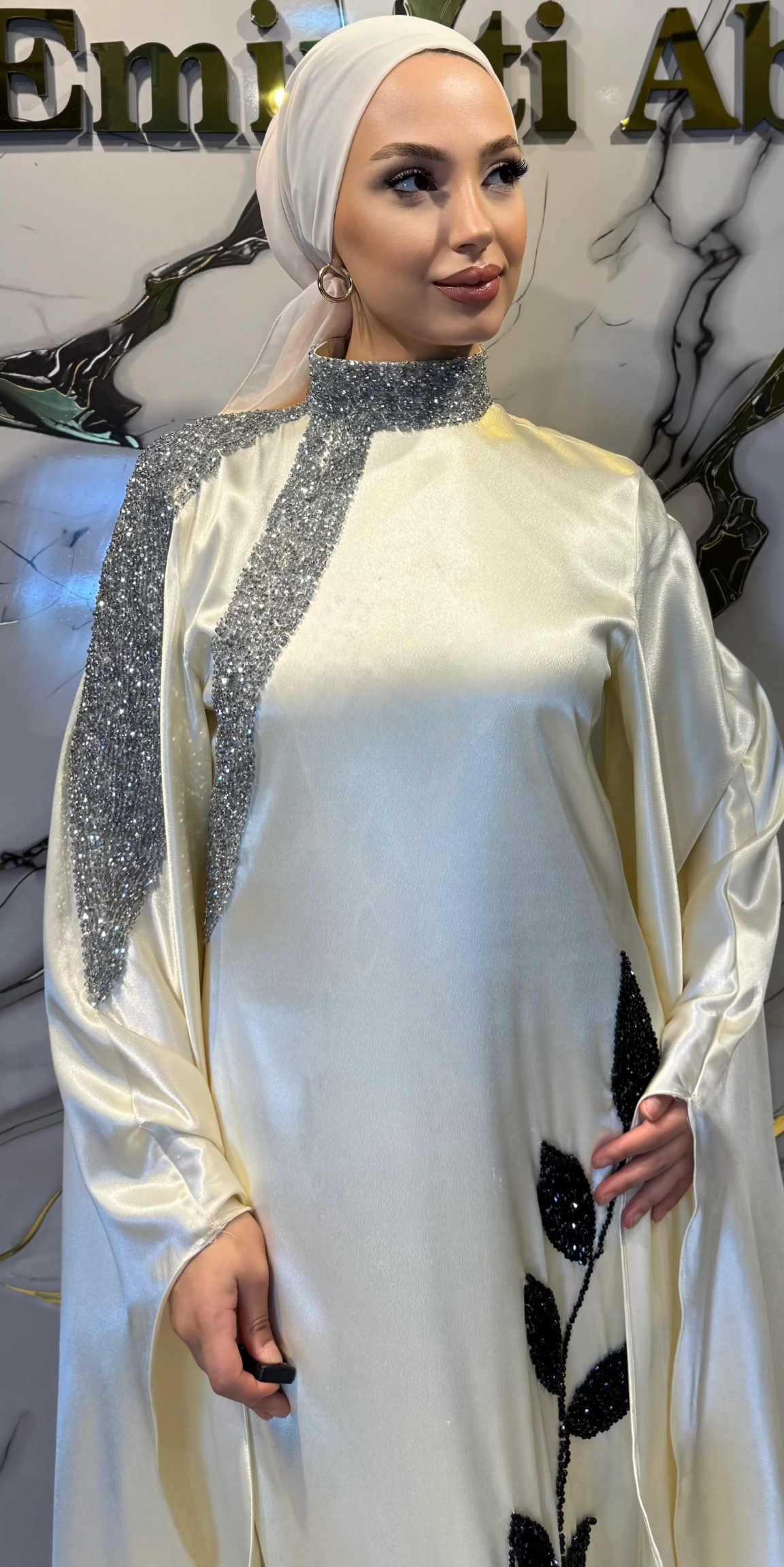 Cream Hand-Embroidered Floral Satin Evening Gown with Stone Details | EF009 WSK