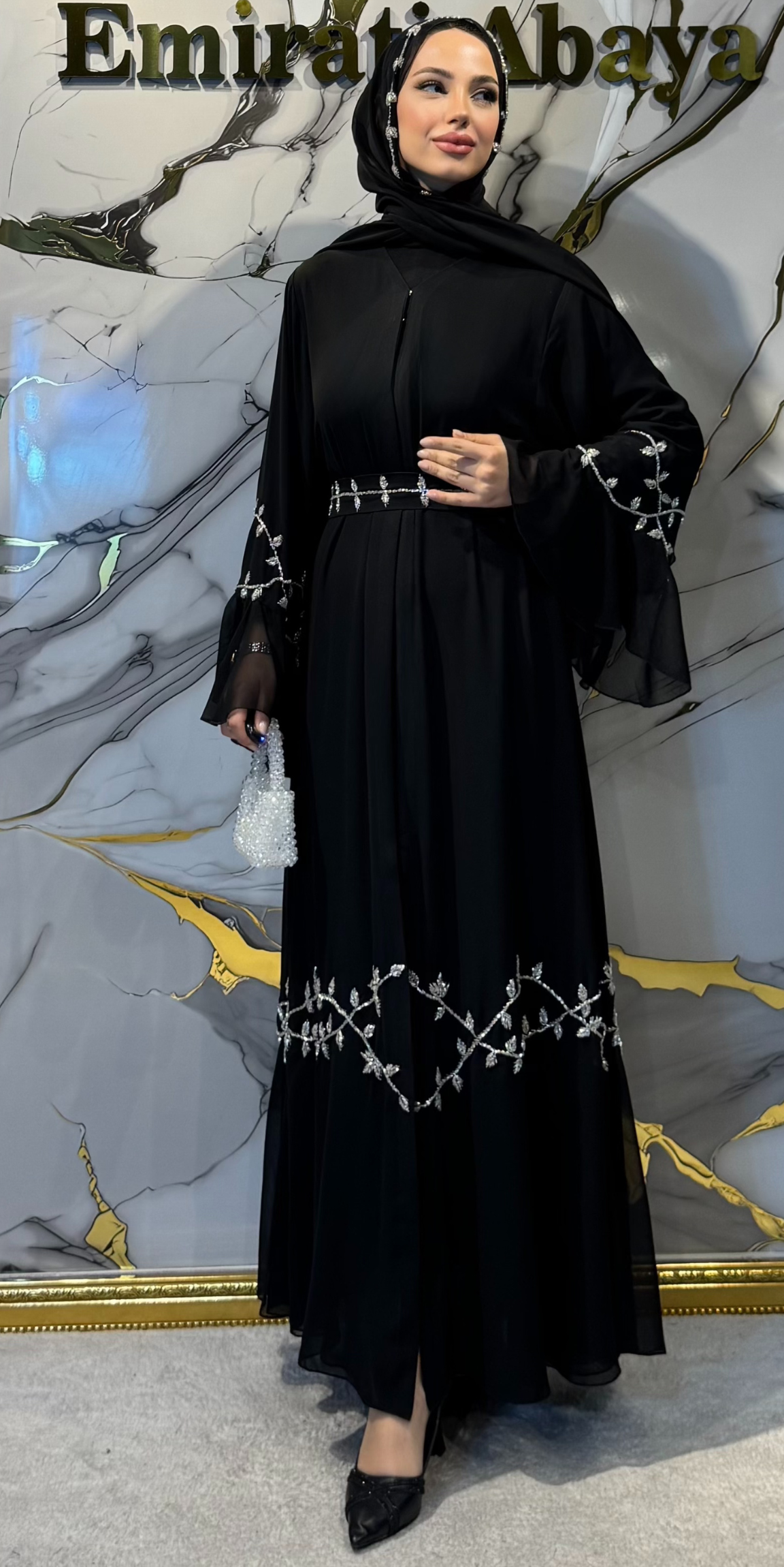 Handcrafted Swarovski Crystal Embellished Korean Chiffon Dubai Style Black Abaya