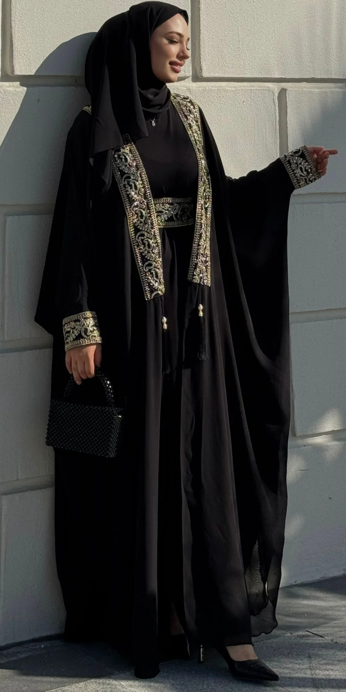 Black Traditional Abaya with Gold Pattern Front TM087 - 4-Piece Set (Includes Shawl, Belt and Inner Top)