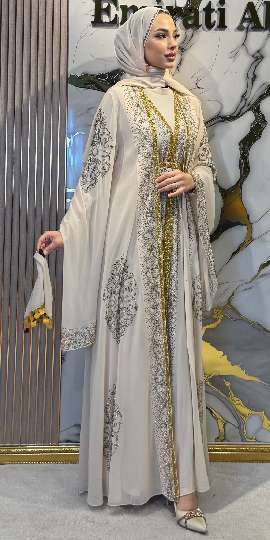 Starlit Noir Gold Stone Cream Regional Abaya