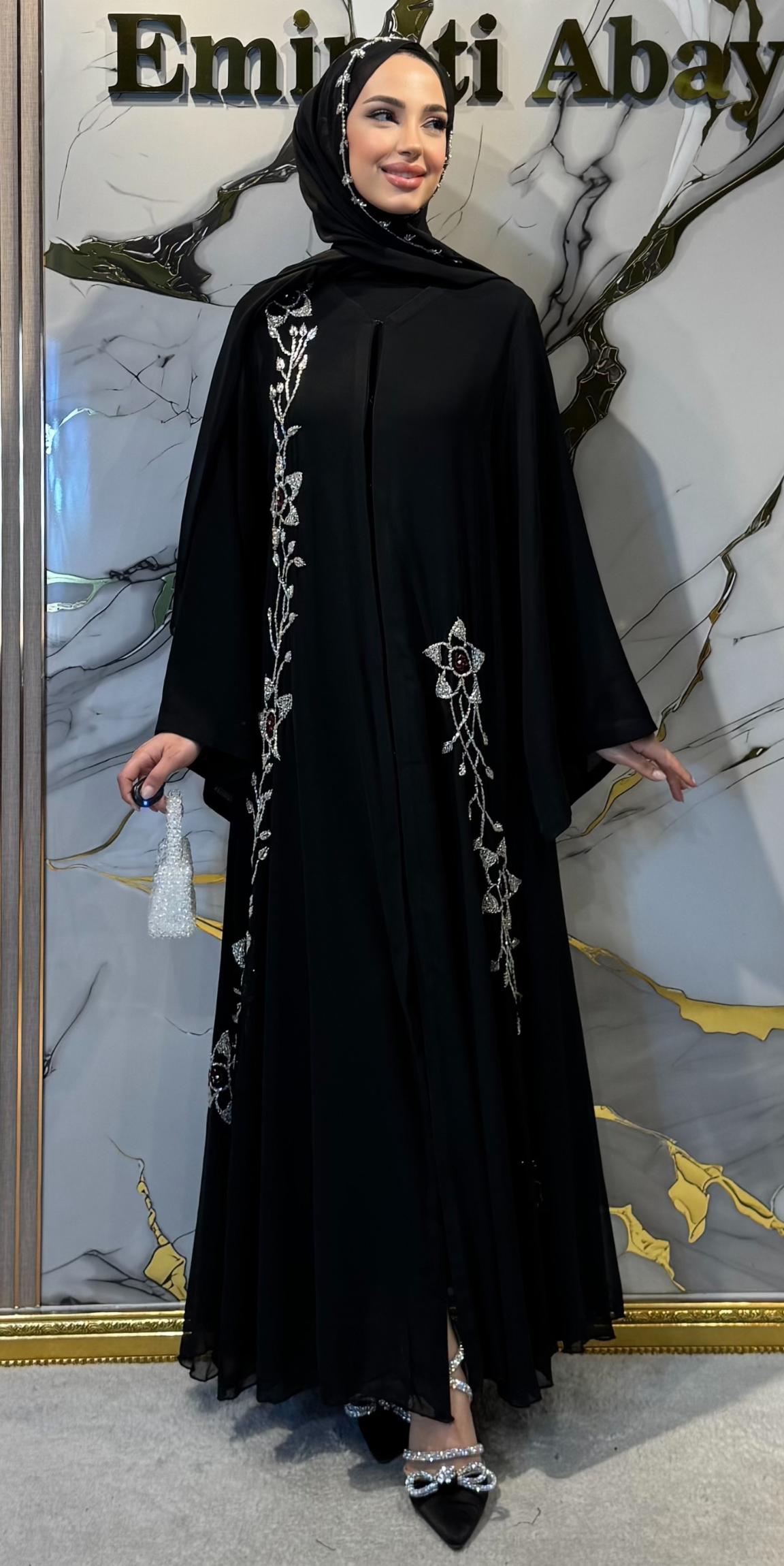 Premium Kore Şifon Swarovski Kristalli Abaya - El İşi Zarafet | EF0015 WSB