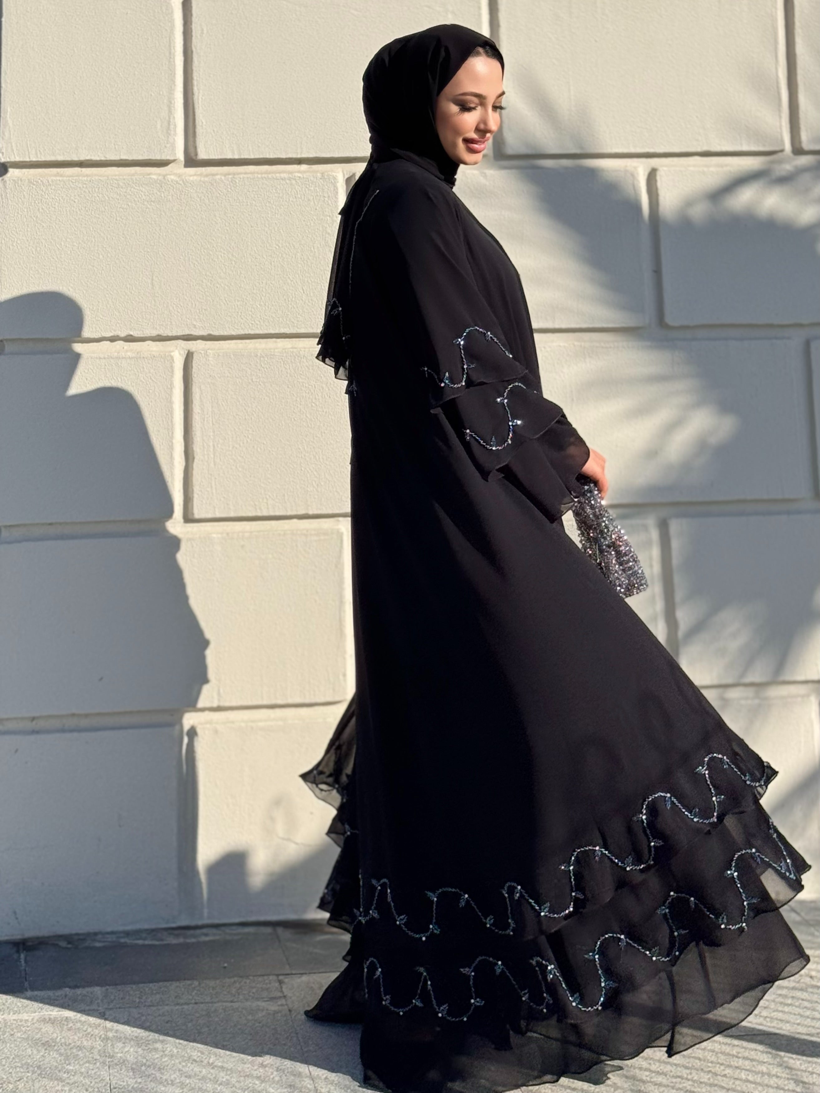 Hand Embroidered Blue Stone Black Chiffon Abaya