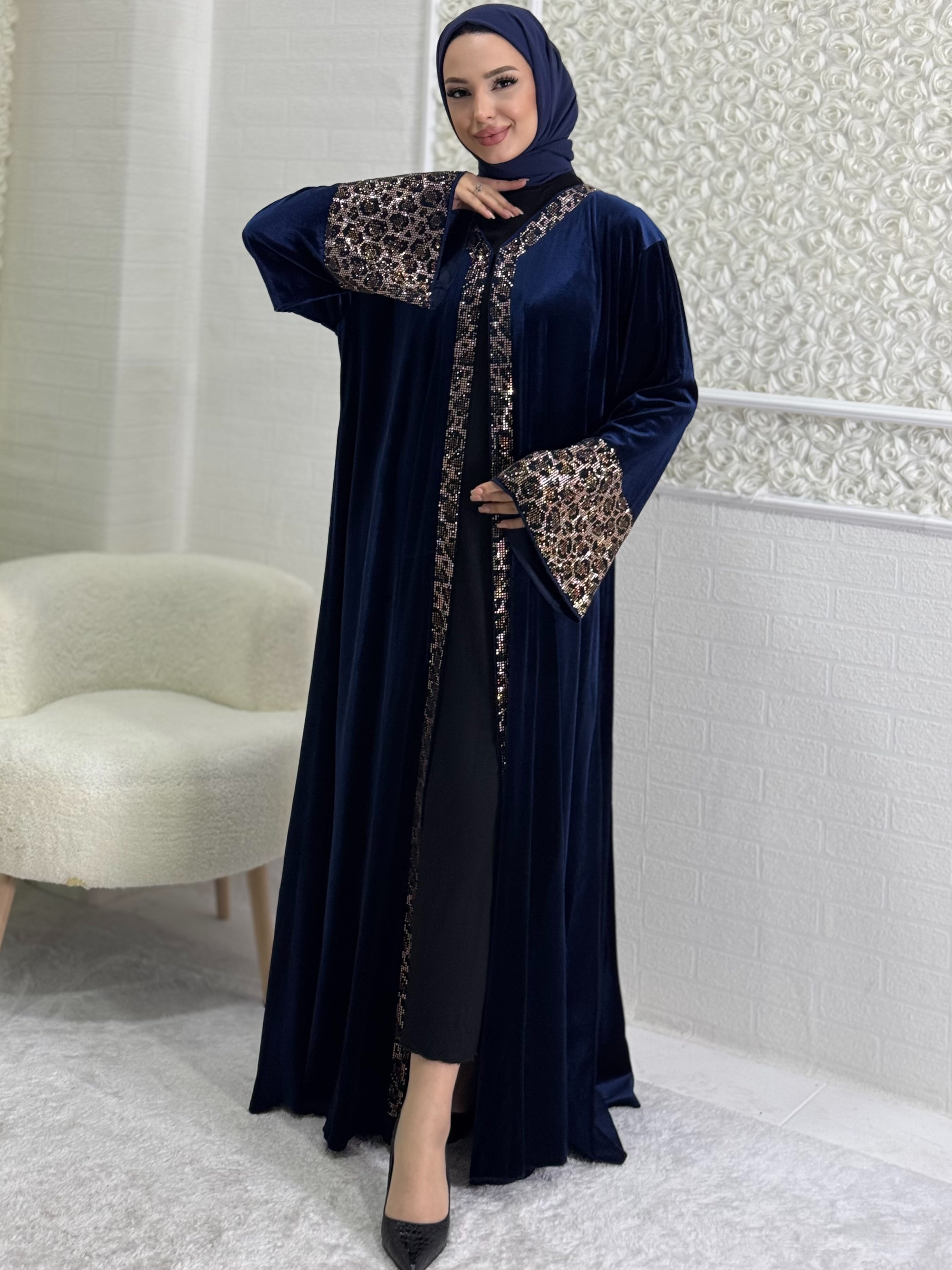 Stone Leopard Patterned Blue Velvet Abaya