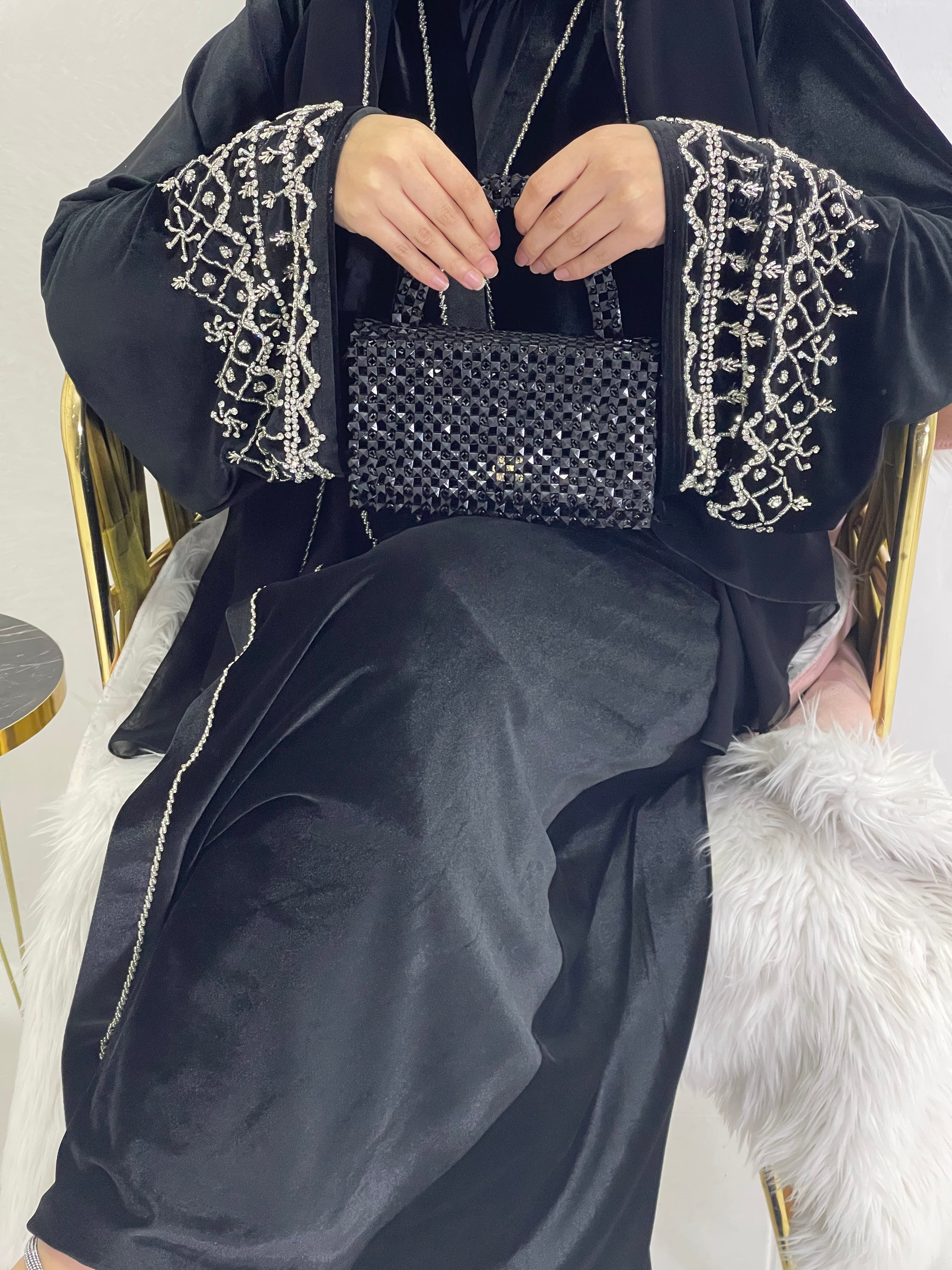 Black velvet handmade abaya